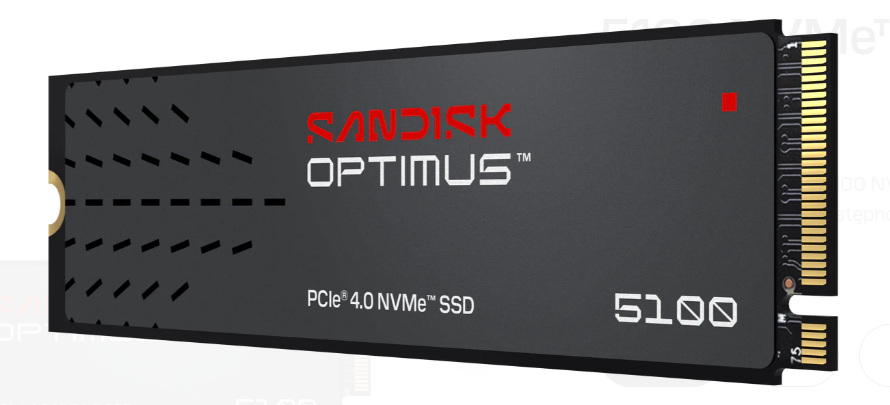 Czarny dysk SSD SanDisk Optimus 5100 PCIe 4.0 NVMe ze złotymi stykami.