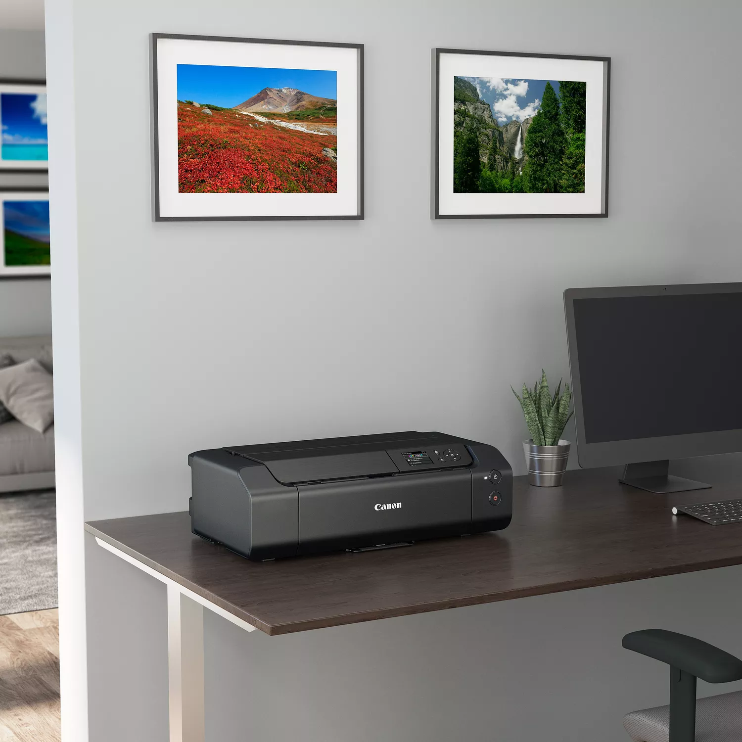 Biurko z drukarką Canon, monitorem, małą roślinką i dwoma obrazami krajobrazowymi na ścianie.