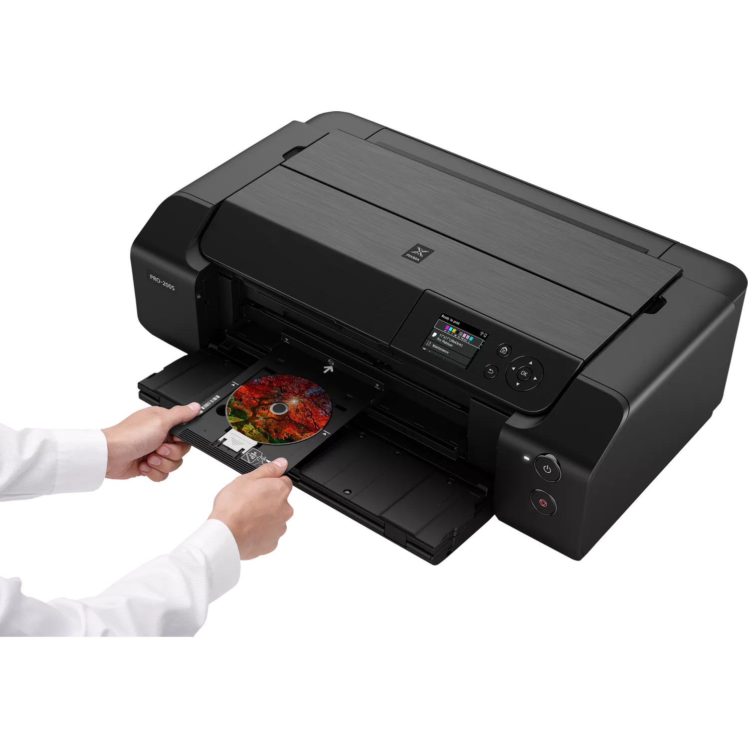 Osoba wkłada płytę CD z motywem jesiennych liści do czarnej drukarki atramentowej Canon Pro-200S.