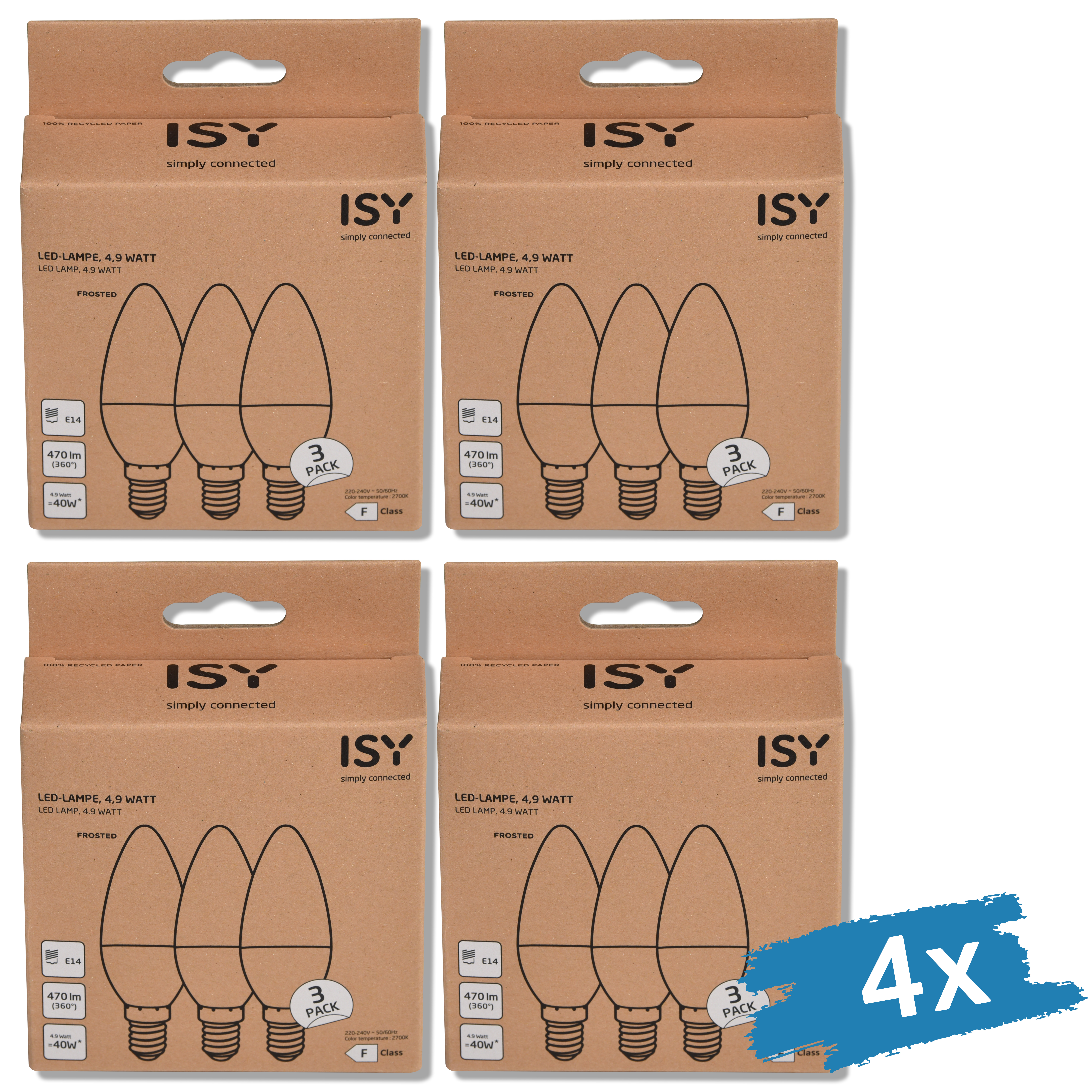 Vier Pappschachteln mit ISY LED-Kerzenlampen, 3er-Pack, mit blauer 4x-Grafik.