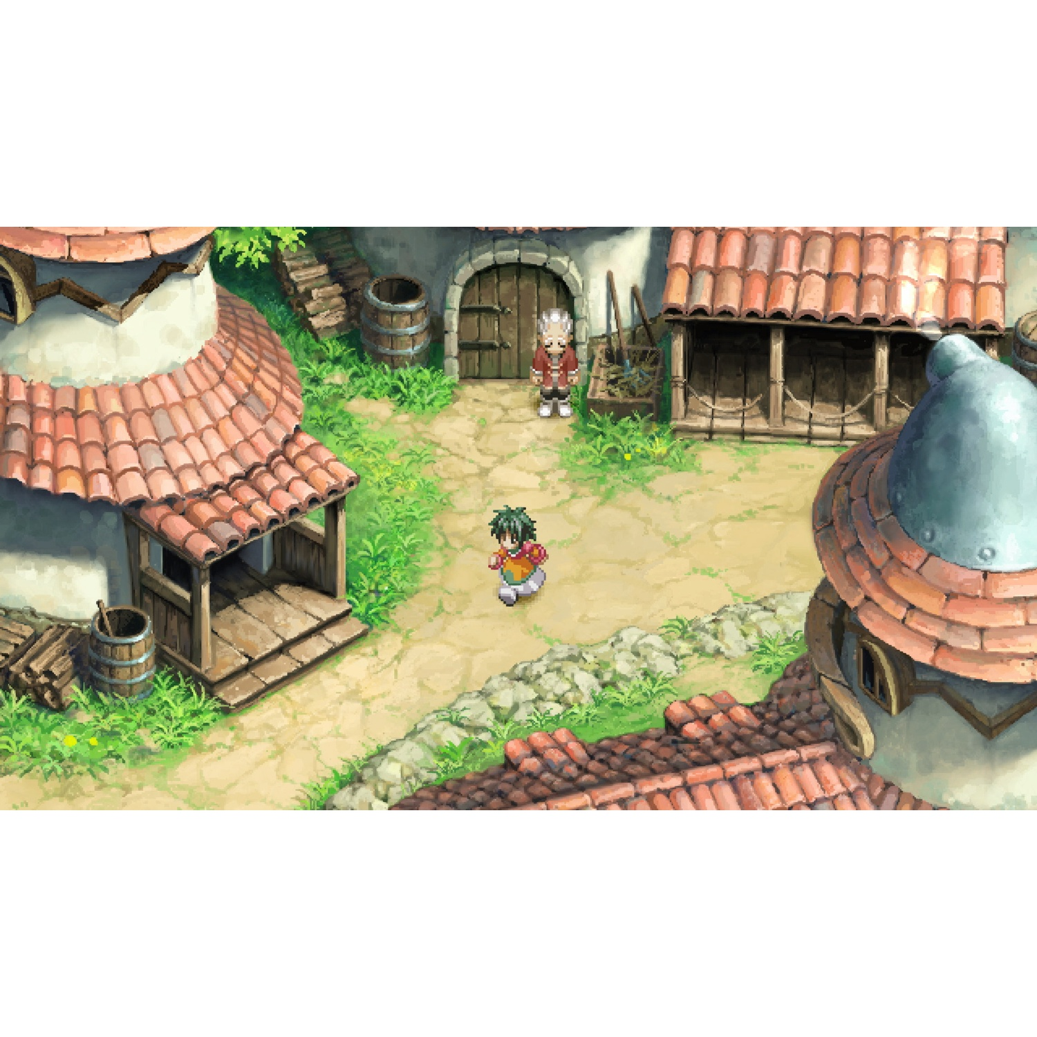 Pixelart-dorp met roodgeticheld huizen, groen gras en twee personages in het midden.