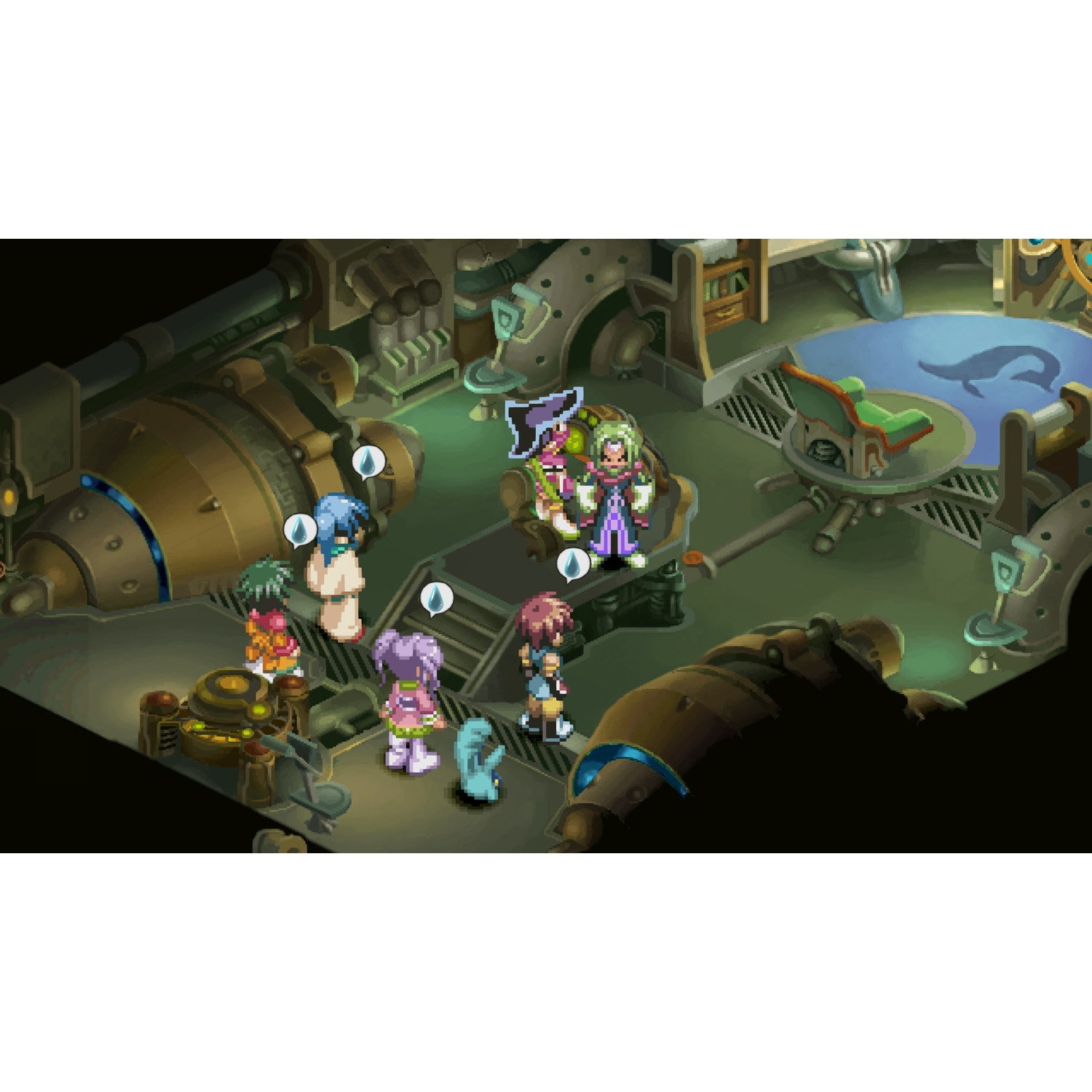 Pixel art-scène in een metalen machinekamer met verschillende kleurrijke personages.