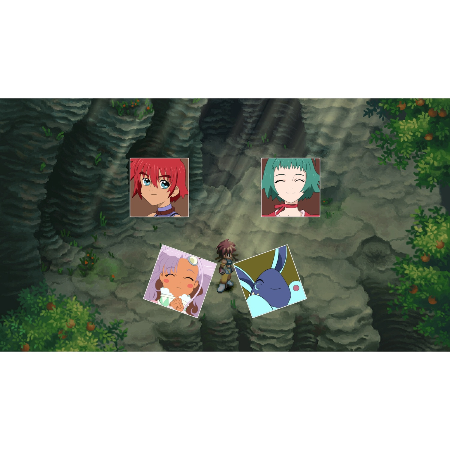 Een RPG-scène in een grot met vier karakterportretten rond een klein personage.
