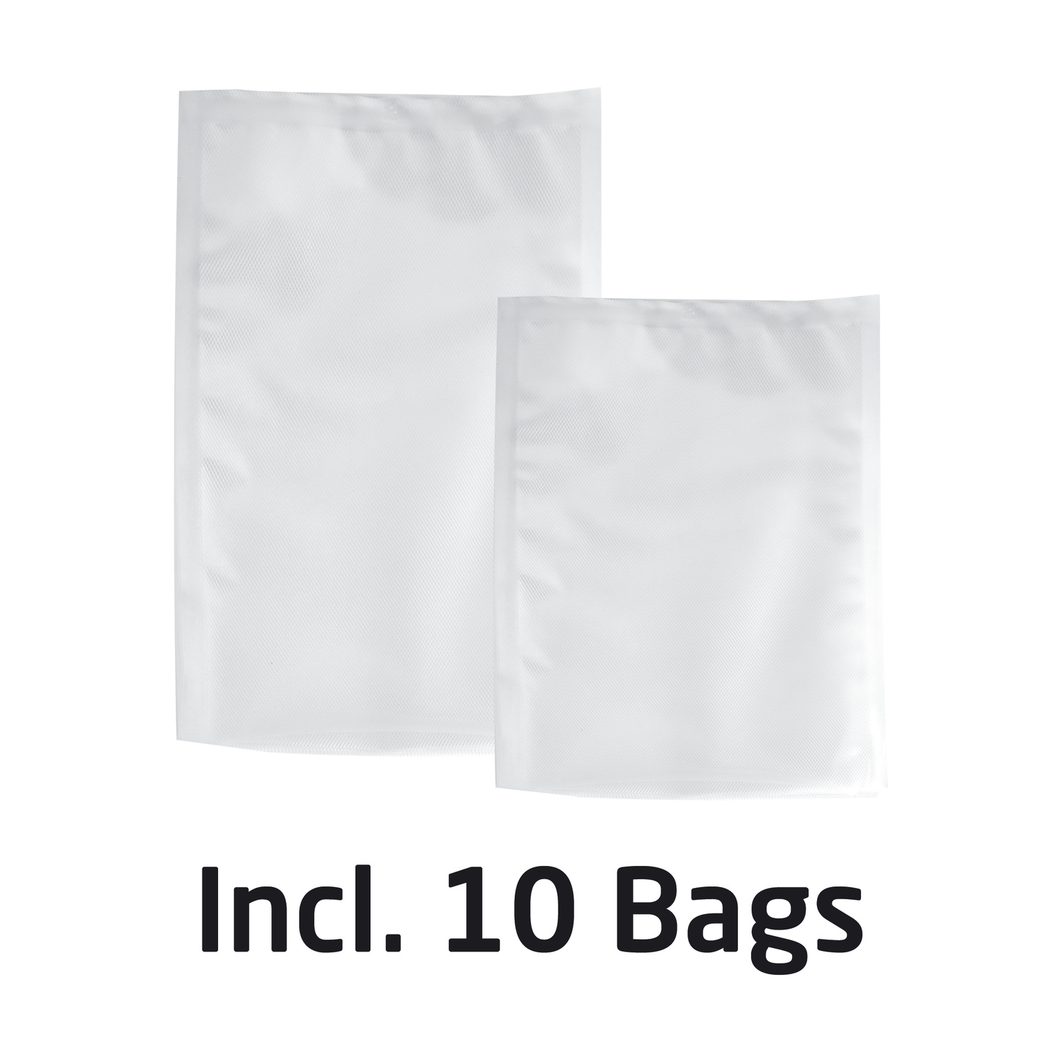 Due sacchetti sottovuoto bianchi di diverse dimensioni su sfondo bianco con la scritta Incl. 10 Bags