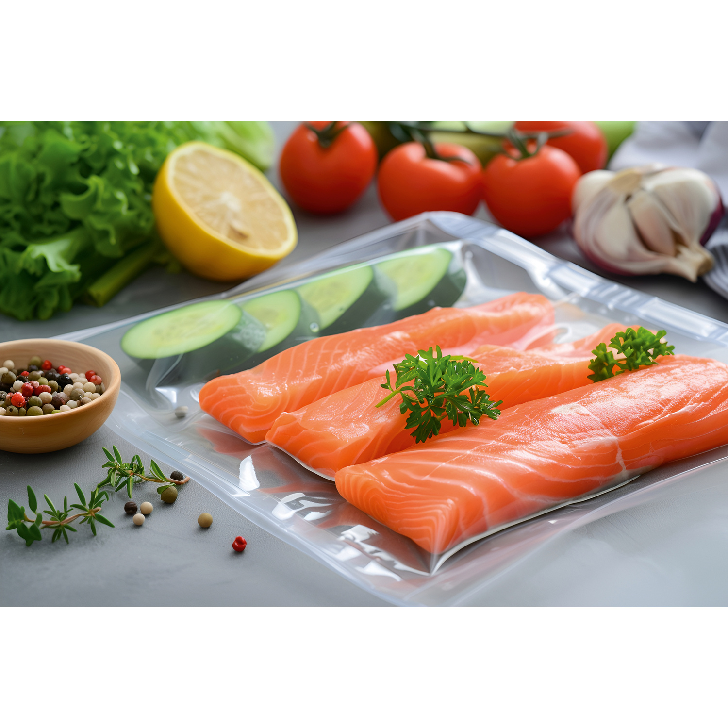 Filetti di salmone confezionati Sottovuoto con fette di cetriolo, limone, pomodori, erbe e grani di pepe.