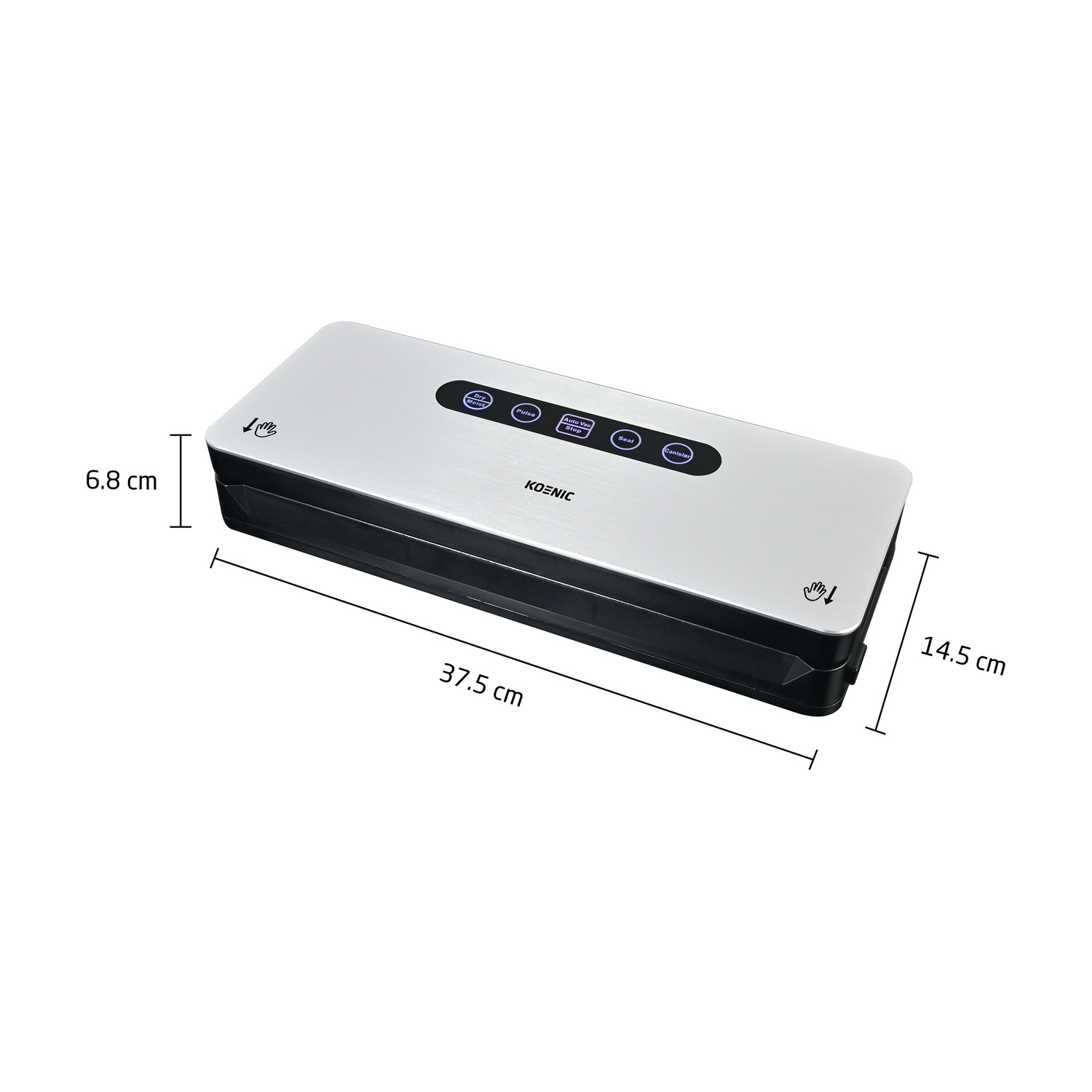 Una macchina sottovuoto Koenic argento con dimensioni: 37,5 cm di lunghezza, 14,5 cm di larghezza, 6,8 cm di altezza.