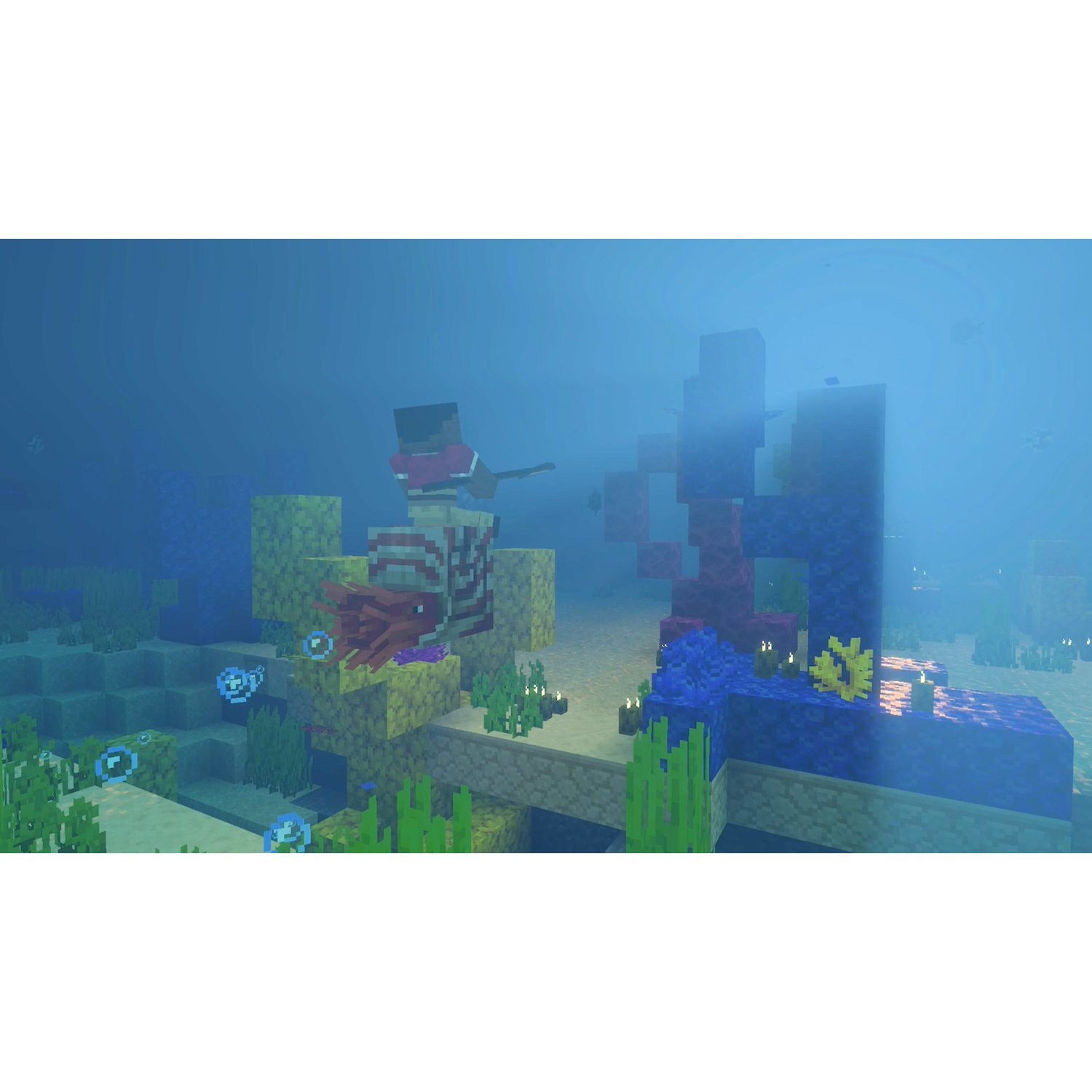 Een Minecraft-speler onder water rijdt op een inktvis langs kleurrijke koraalriffen.