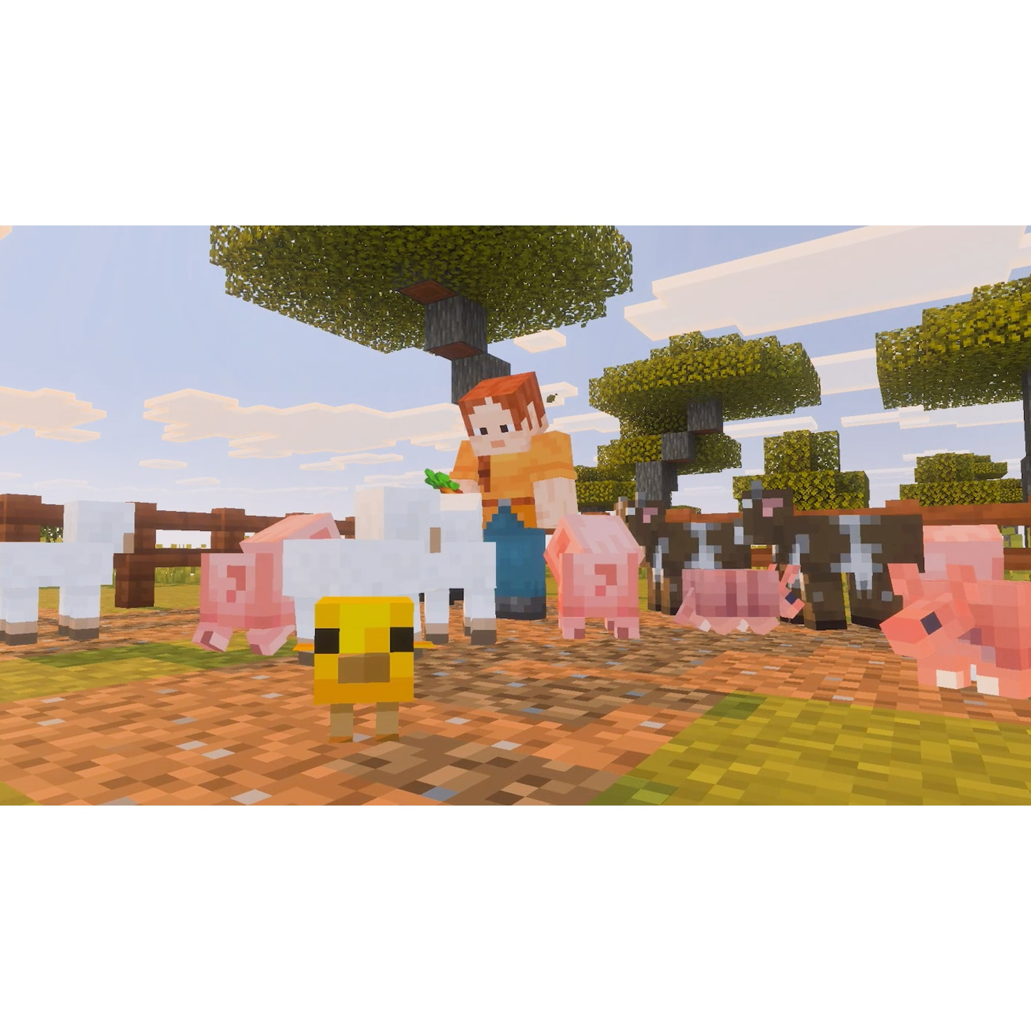 Minecraft-personage zorgt voor boerderijdieren zoals varkens, schapen en een kuikentje.