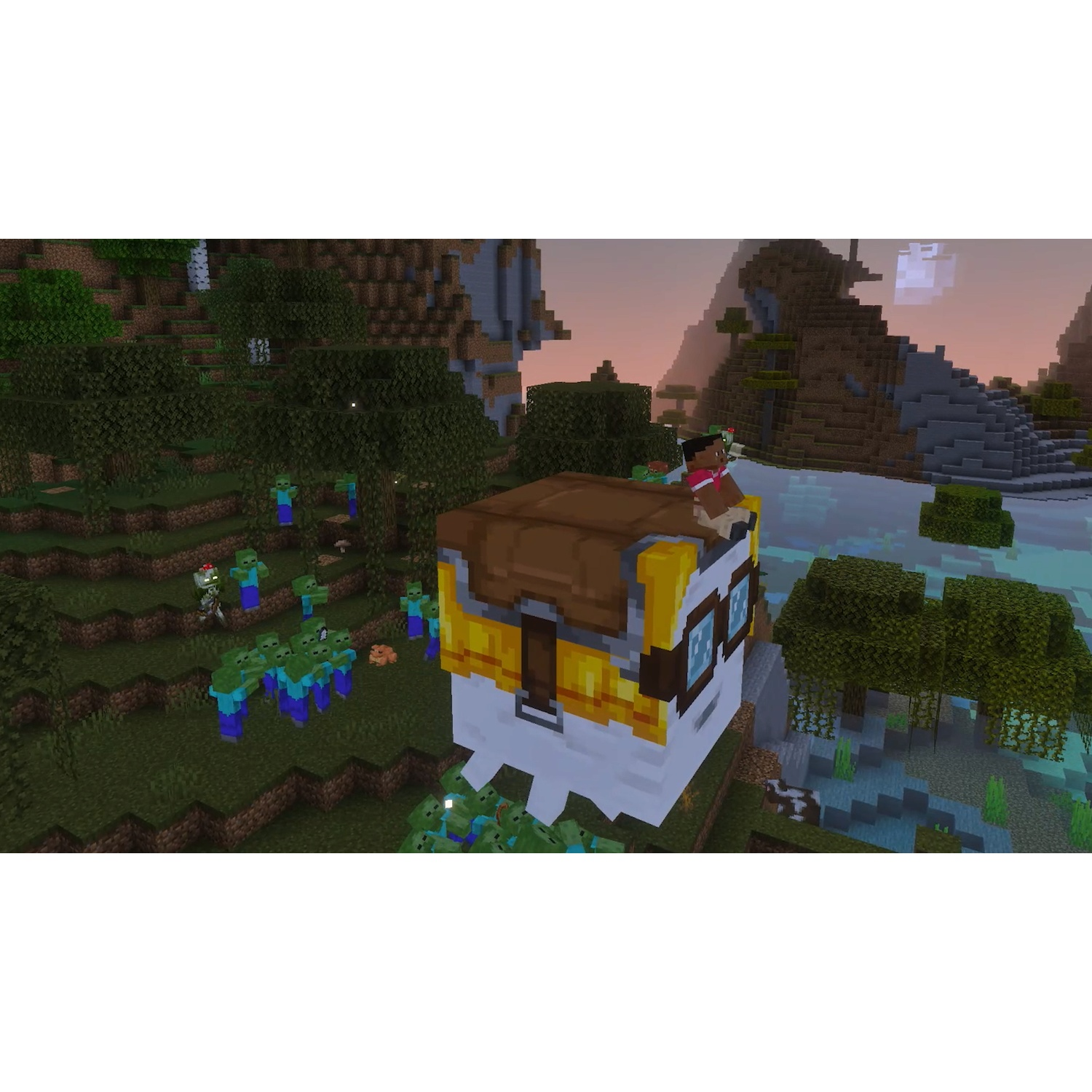 Minecraft-scène met een persoon op een groot wezen en een groep zombies in het bos bij zonsondergang.