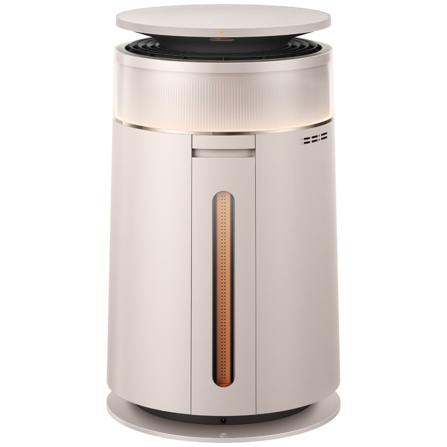 Un purificateur d'air cylindrique beige avec un bord lumineux et une fenêtre d'affichage verticale.