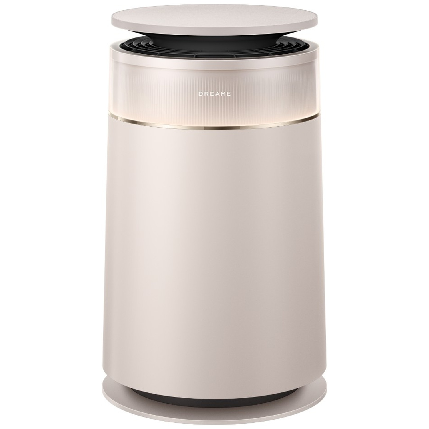 Un purificateur d'air cylindrique beige avec le logo 'Dreame' et une bande lumineuse.