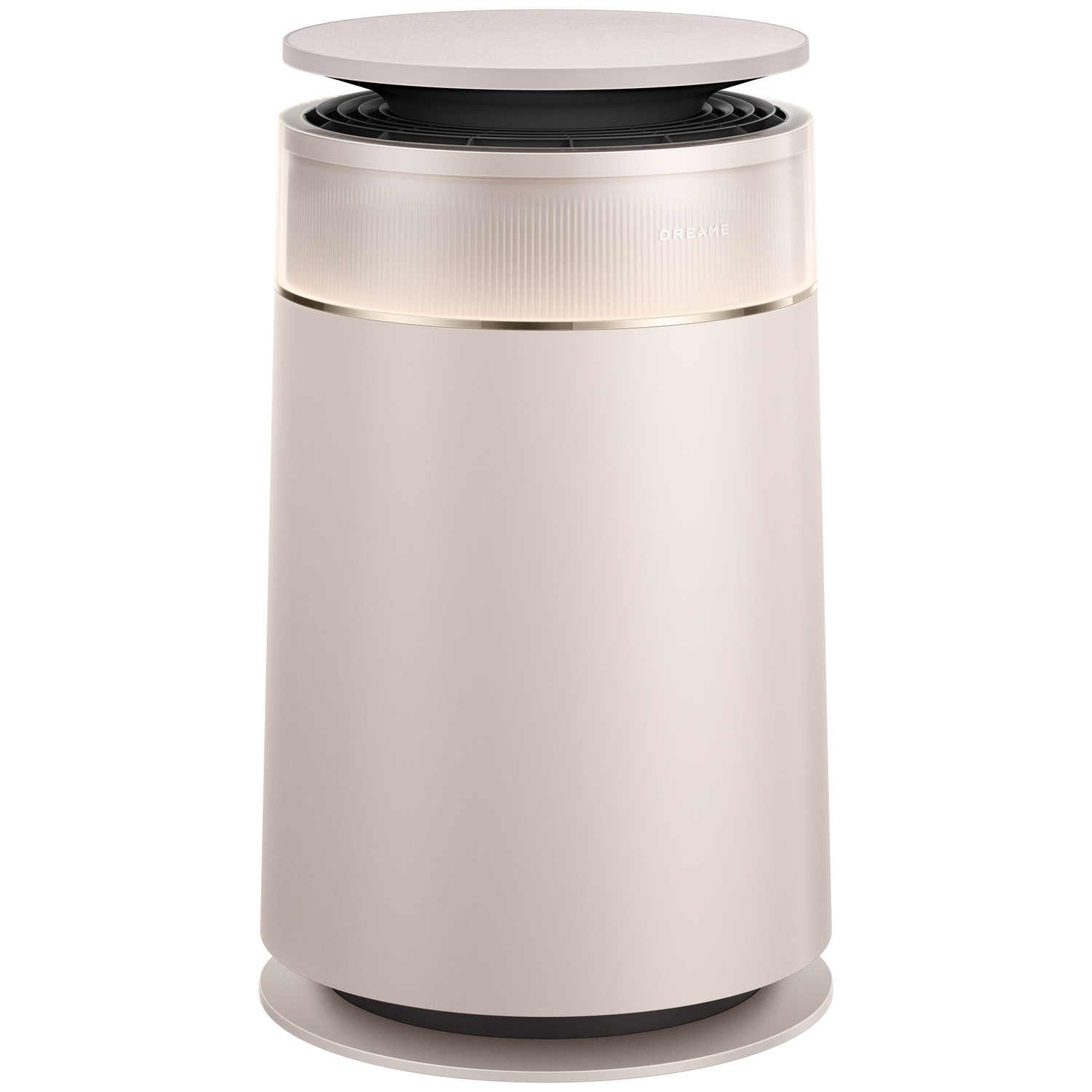 Purificateur d'air cylindrique beige avec bande lumineuse, couvercle plat et base claire sur fond blanc.