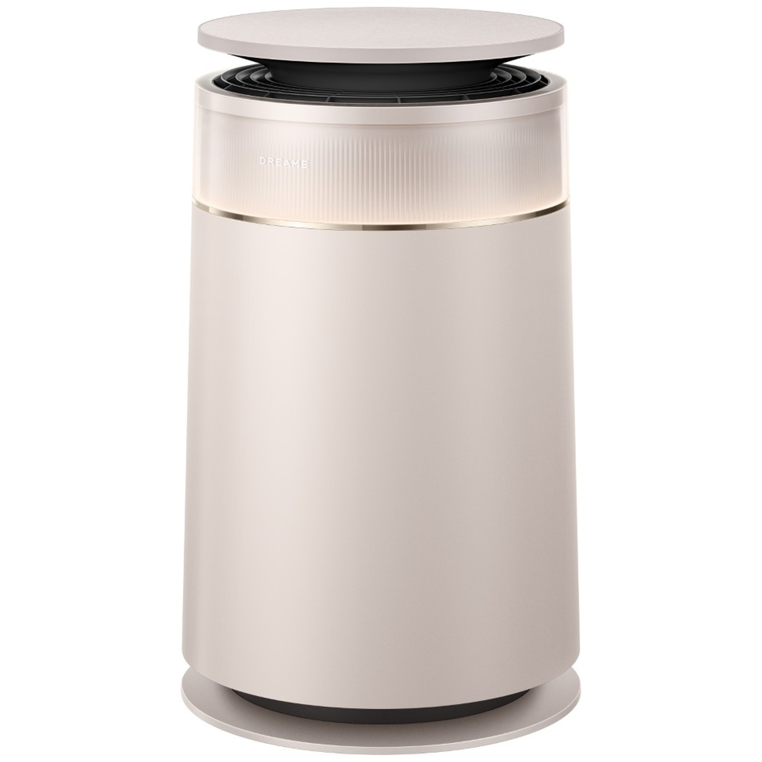 Un purificateur d'air cylindrique beige avec un bord lumineux sur fond blanc.