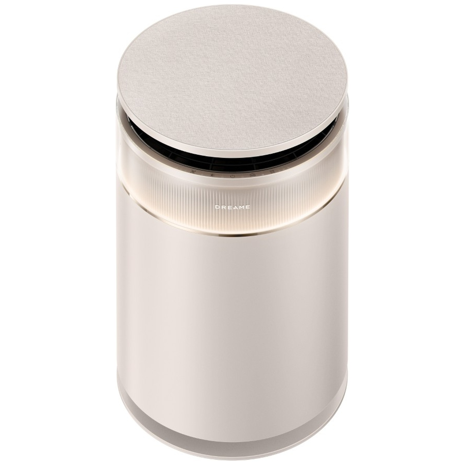 Un purificateur d'air cylindrique beige avec un couvercle en tissu et un panneau lumineux.
