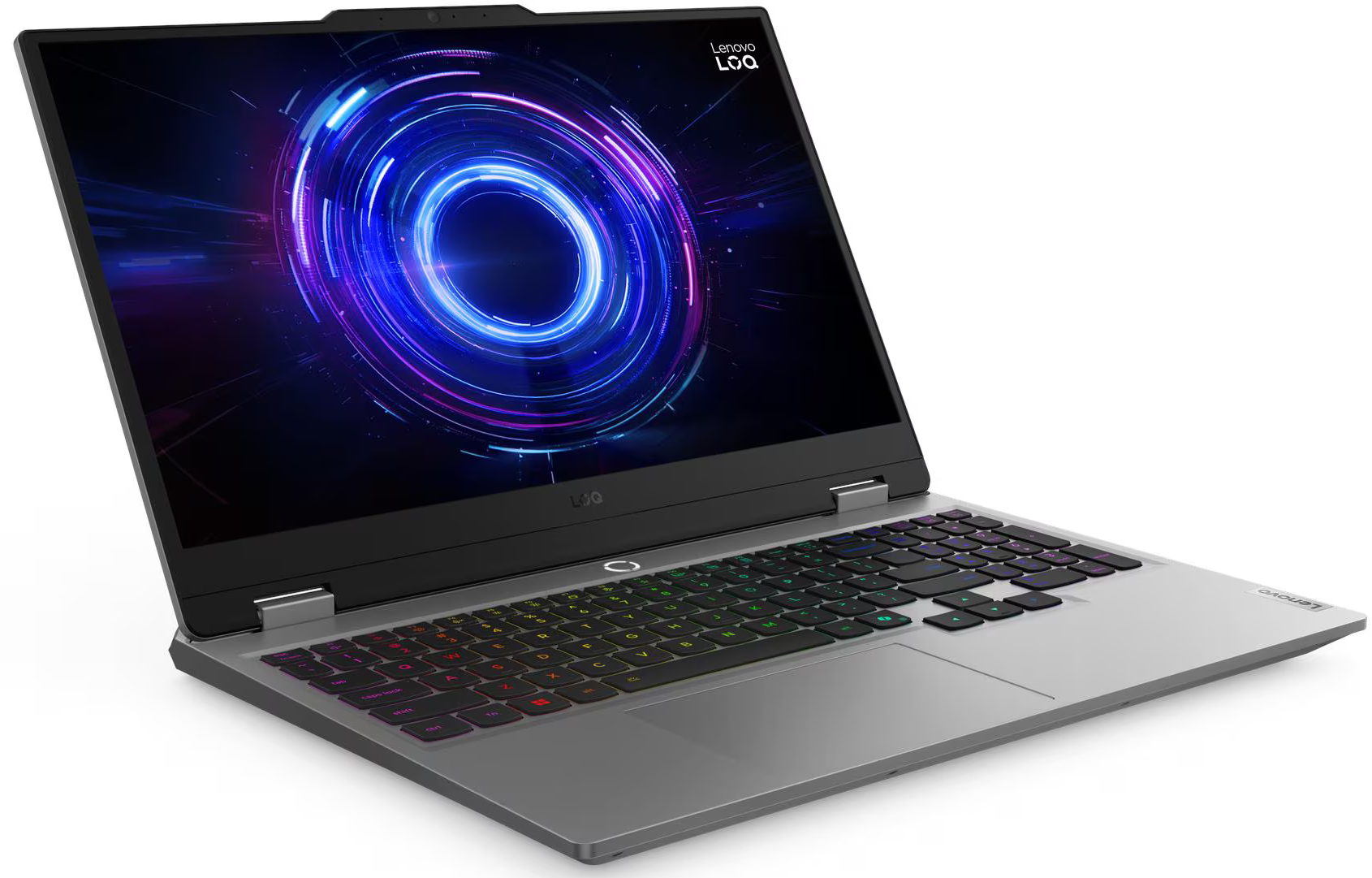 Egy nyitott szürke Lenovo LOQ laptop, képernyőjén élénk kék-lila örvény háttérképpel.