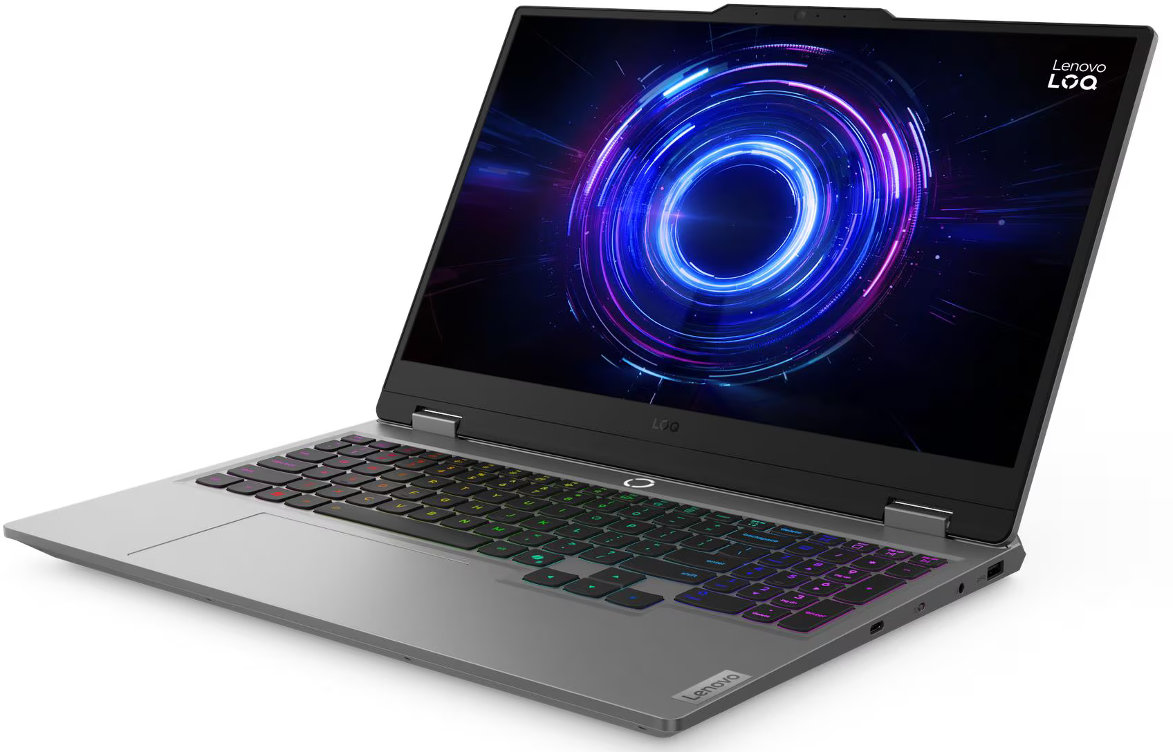 Nyitott szürke Lenovo LOQ laptop, képernyőjén izzó kék és lila kör alakú háttérképpel.