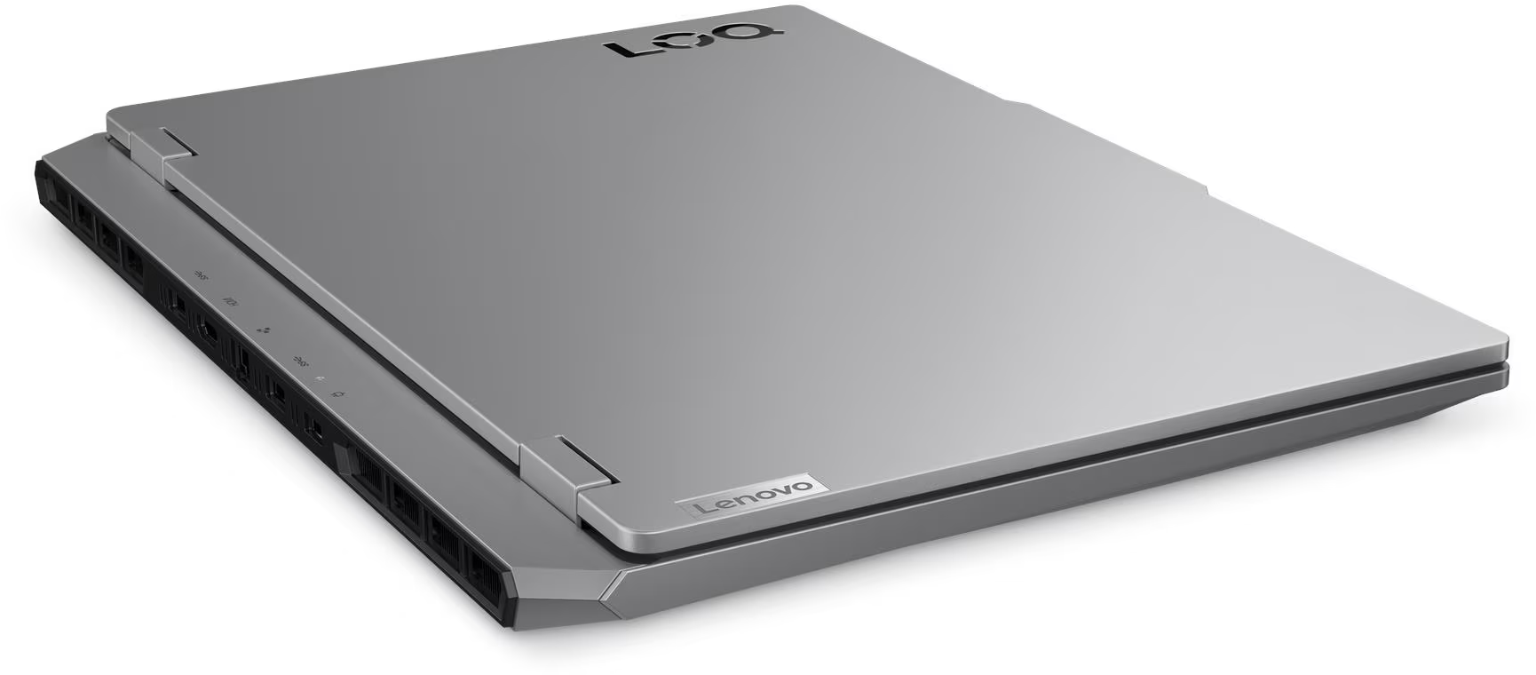 Zárt, szürke Lenovo LOQ laptop a hátsó csatlakozók felől fényképezve.