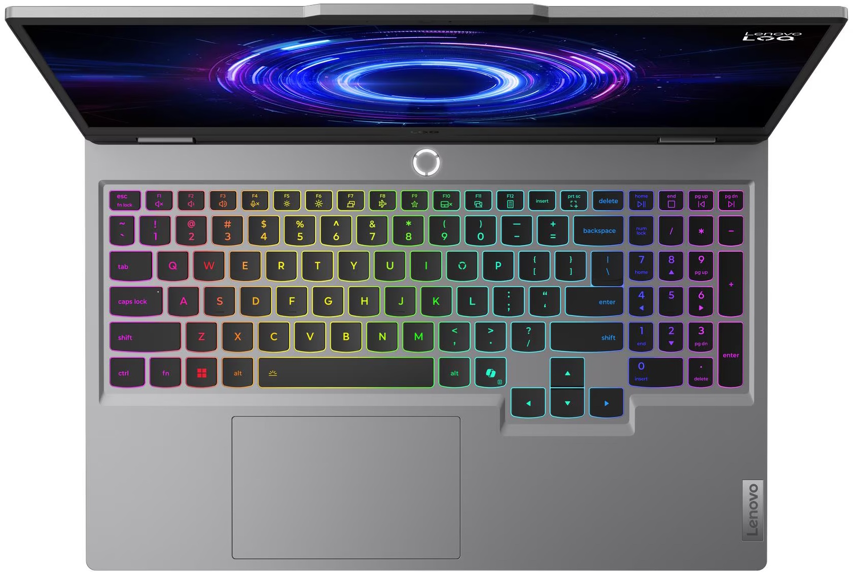 Szürke Lenovo laptop színes RGB háttérvilágítású billentyűzettel és digitális örvénymintával a képernyőn.