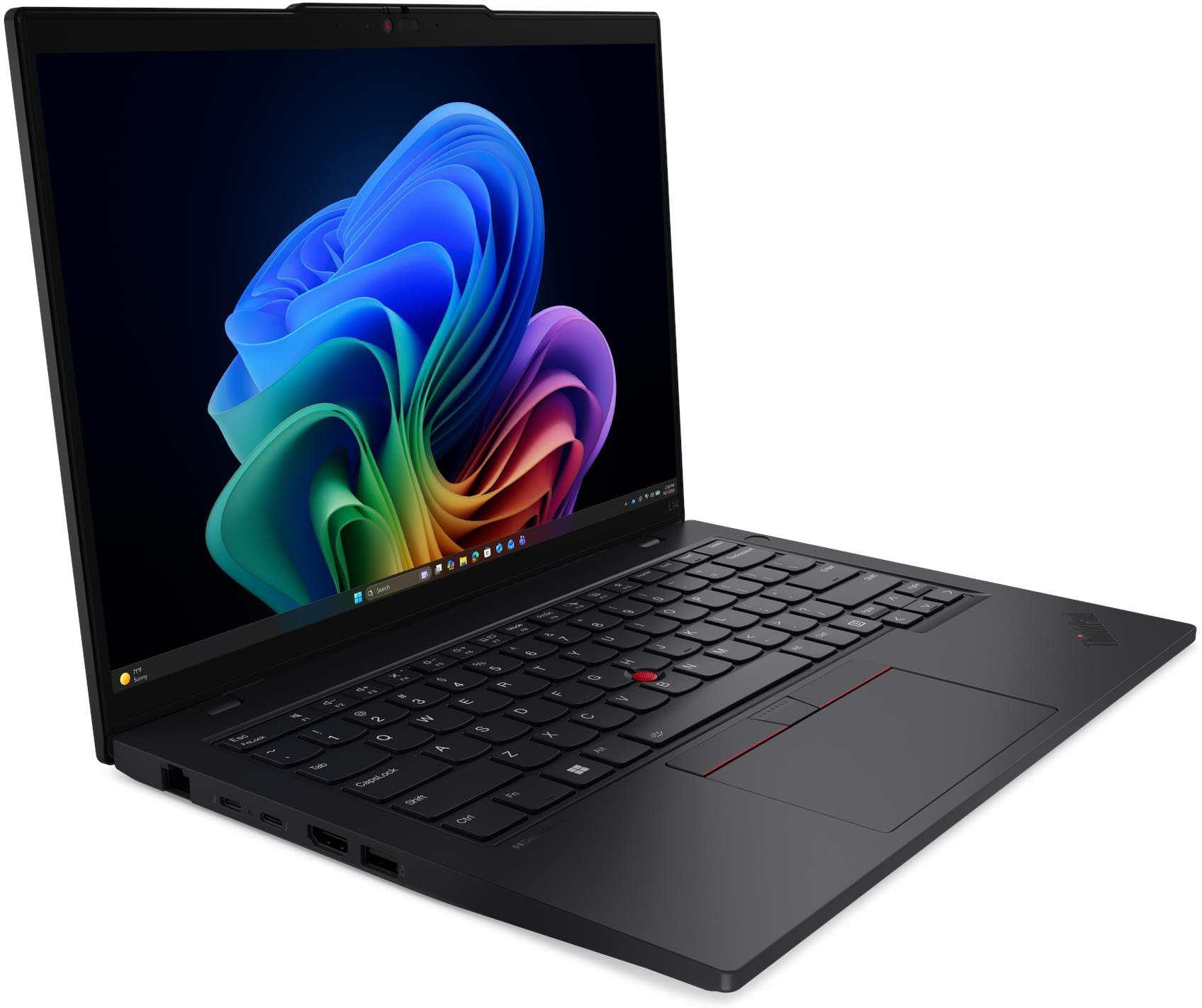 Egy fekete laptop bekapcsolt képernyővel színes absztrakt háttért és megvilágított billentyűzetet mutat.