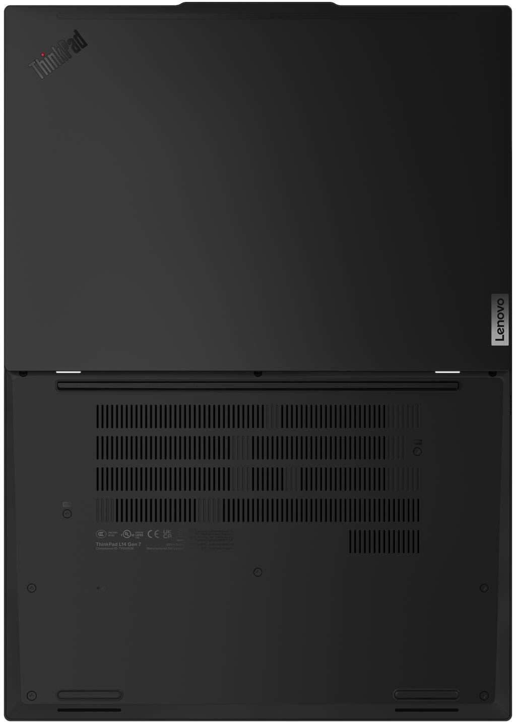Zárt Lenovo ThinkPad laptop felső és alsó nézete fekete háttér előtt.