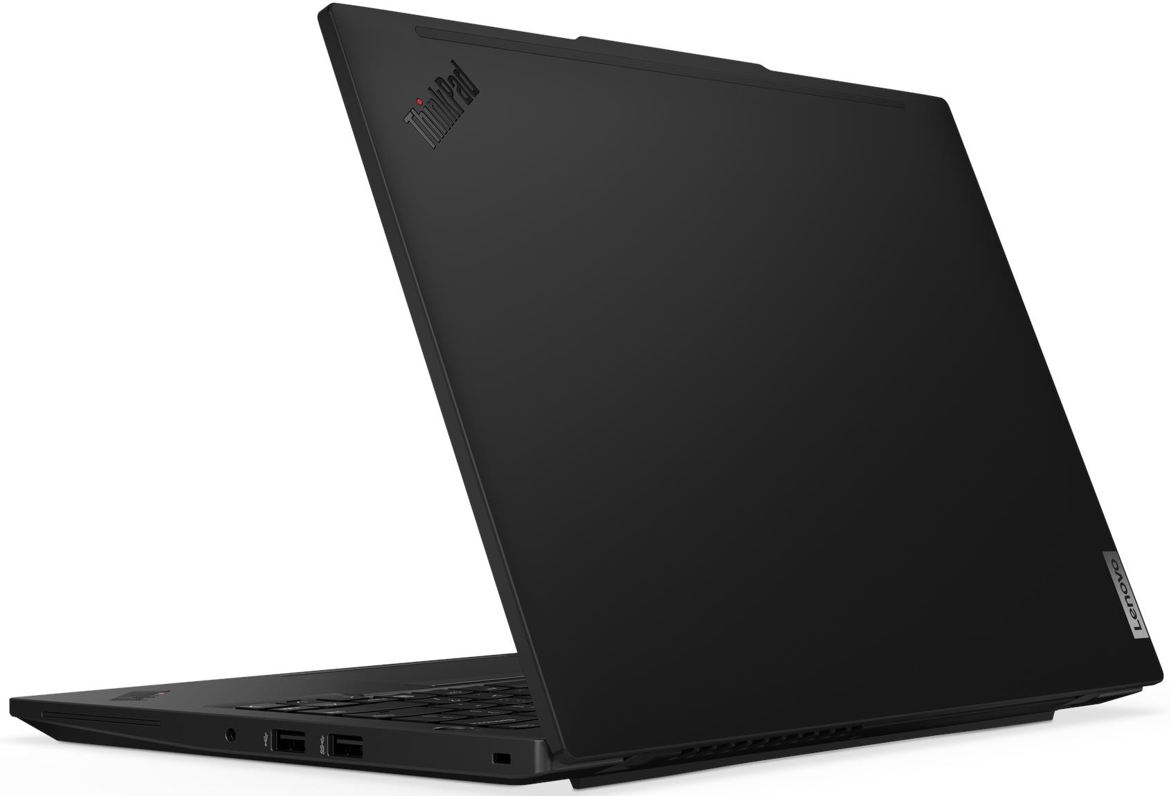 Egy zart fekete Lenovo ThinkPad laptop feher feluleten, lathato csatlakozokkal.