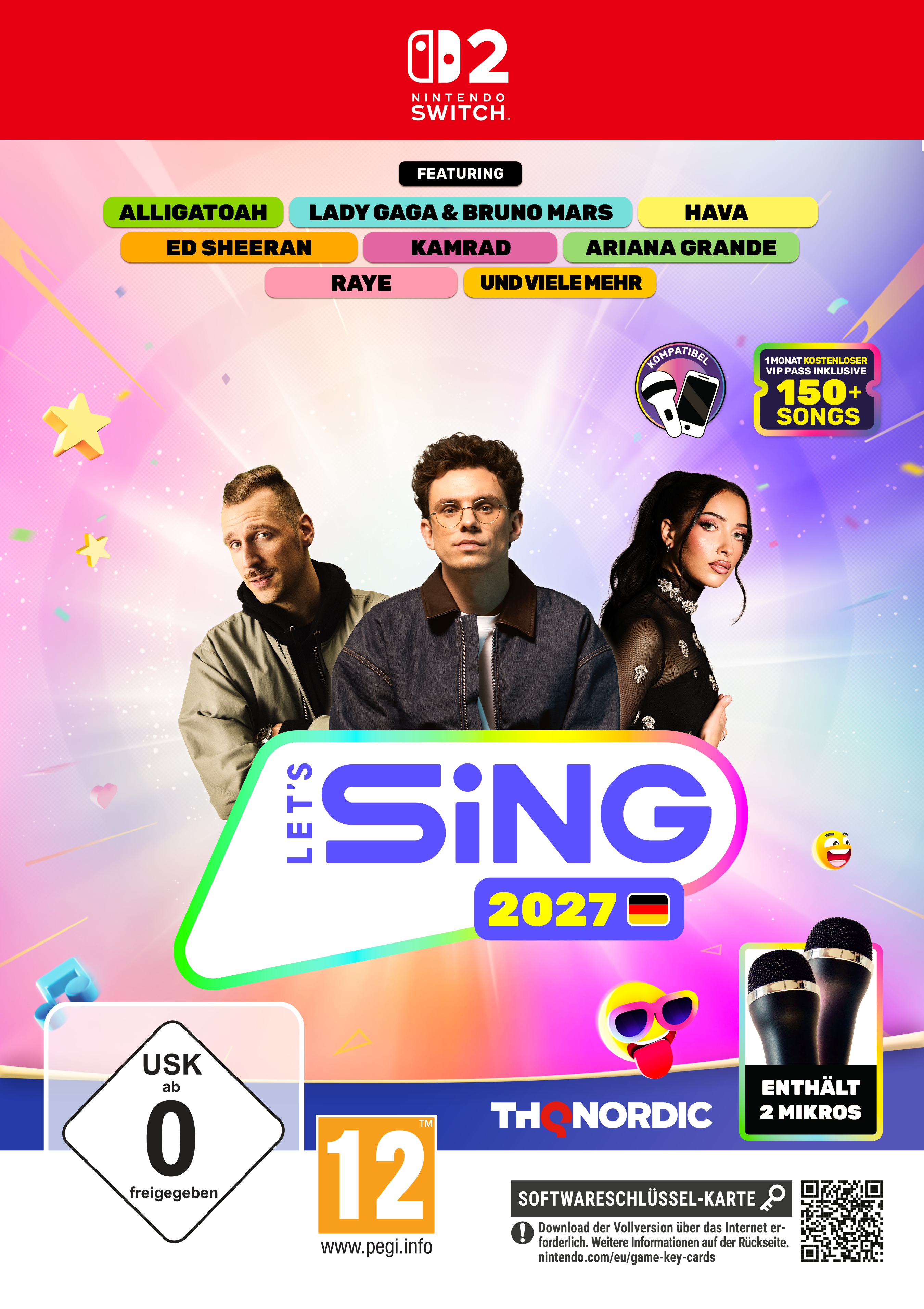 Nintendo Switch Cover für Let's Sing 2027 mit drei Künstlern, bunten Elementen und USK-0- sowie PEGI-12-Symbolen.