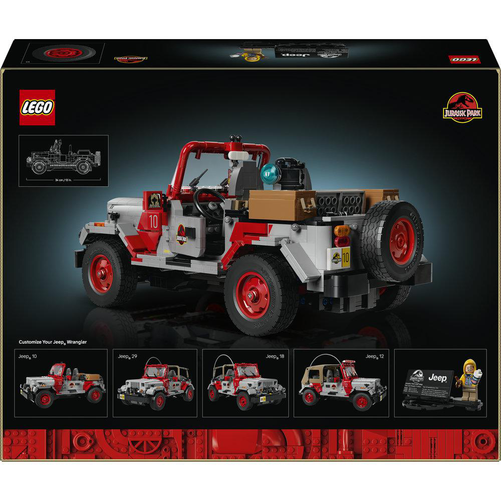 Rückseite der LEGO Jurassic Park Jeep Wrangler Box mit dem roten und grauen Fahrzeug, Zubehör und alternativen Modellen.