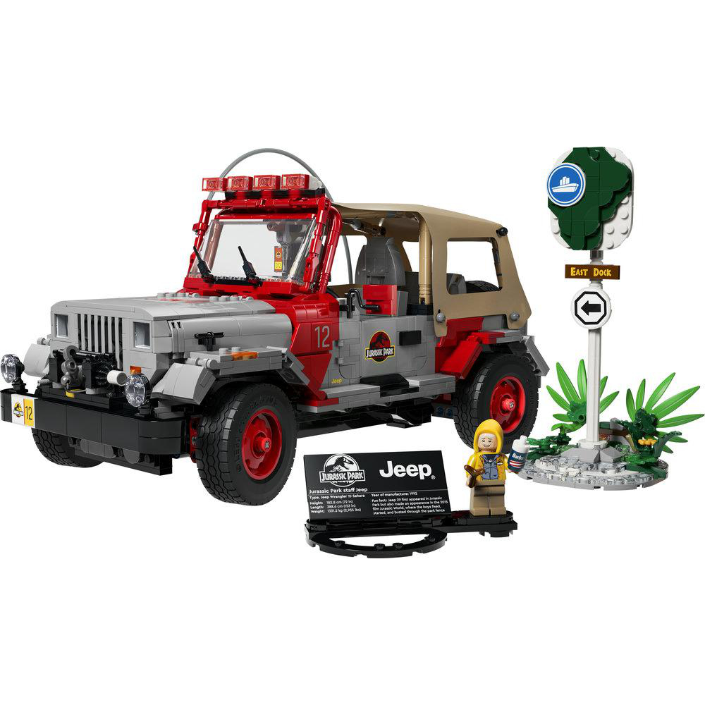 Lego Jurassic Park Jeep Wrangler mit Minifigur, Schild und Pflanzen.
