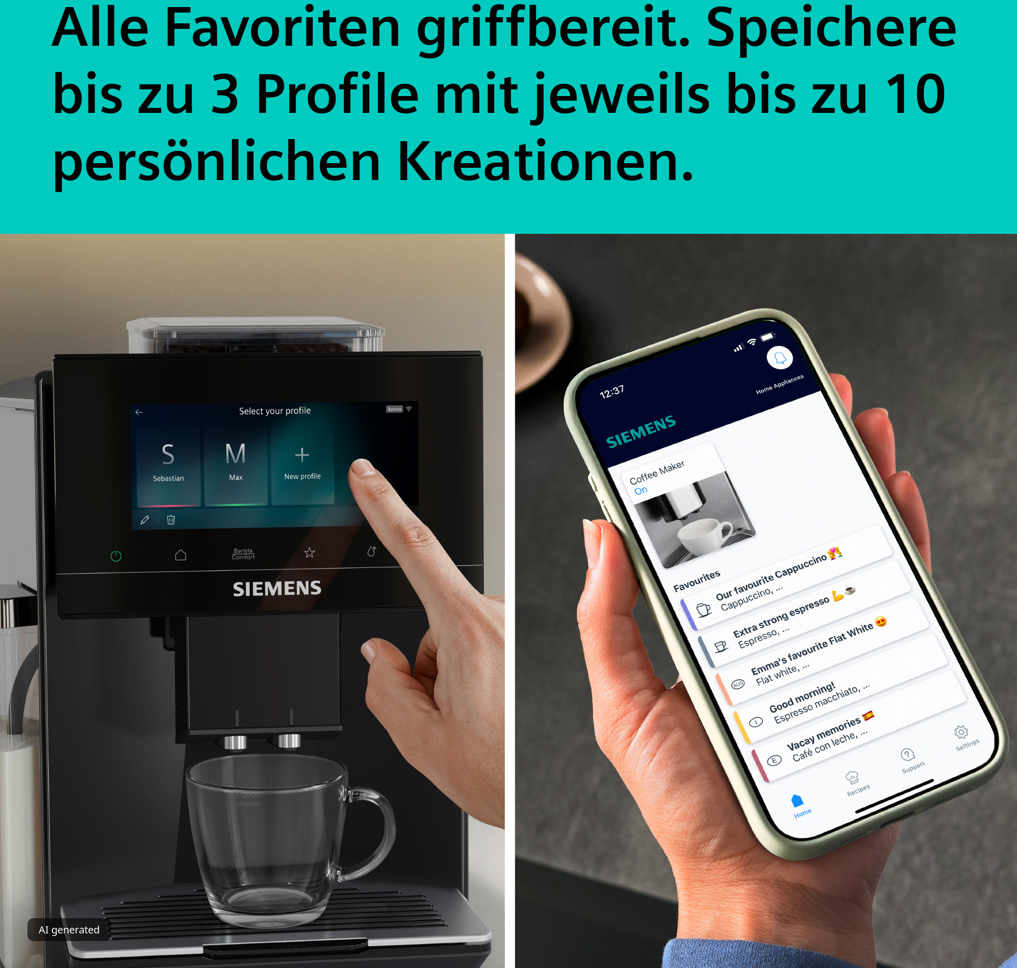 Hand bedient Siemens Kaffeemaschine und App mit Favoritenprofilen.
