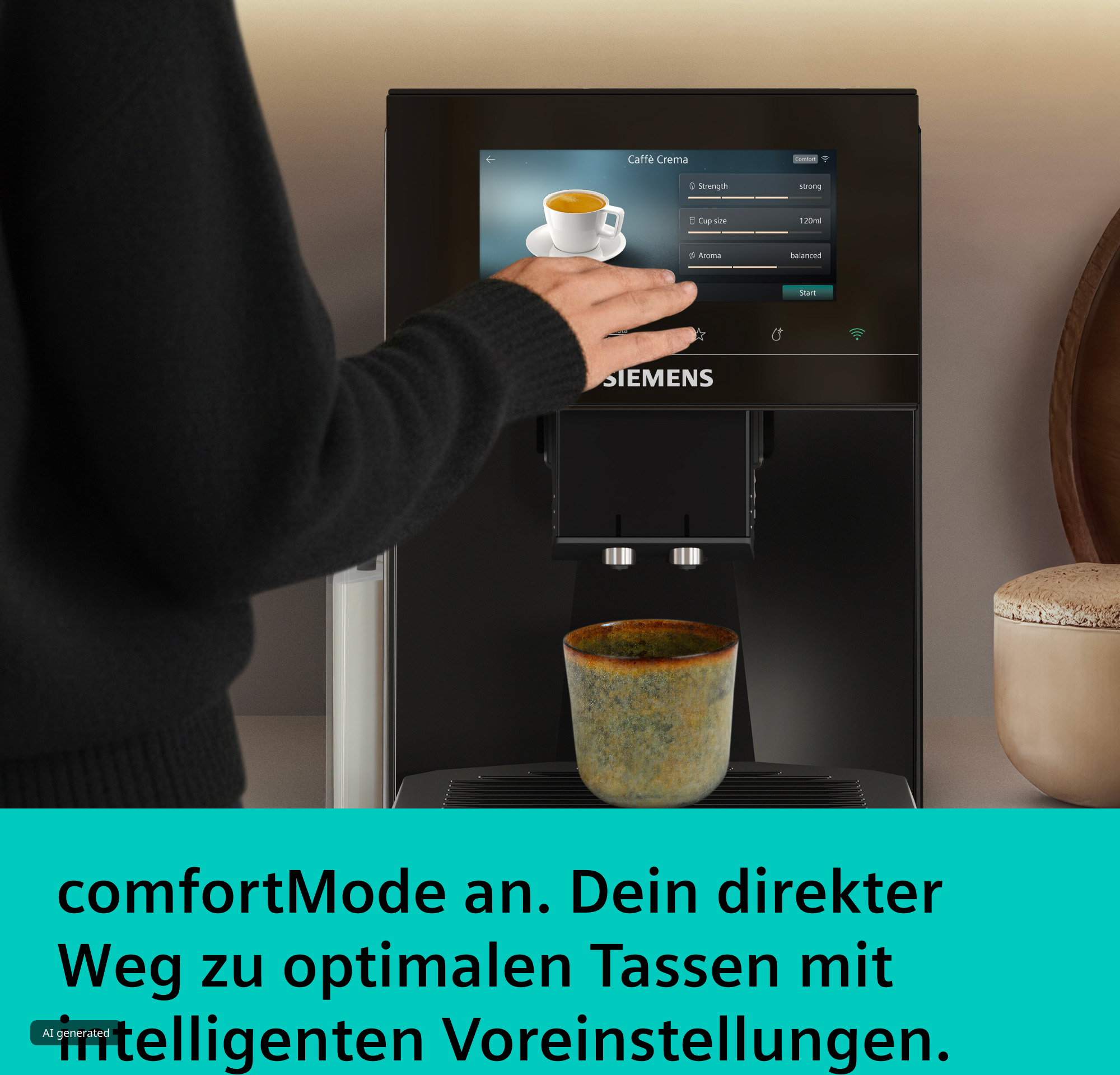 Eine Person berührt den Bildschirm eines Siemens-Kaffeevollautomaten, darunter steht ein bunter Keramikbecher.