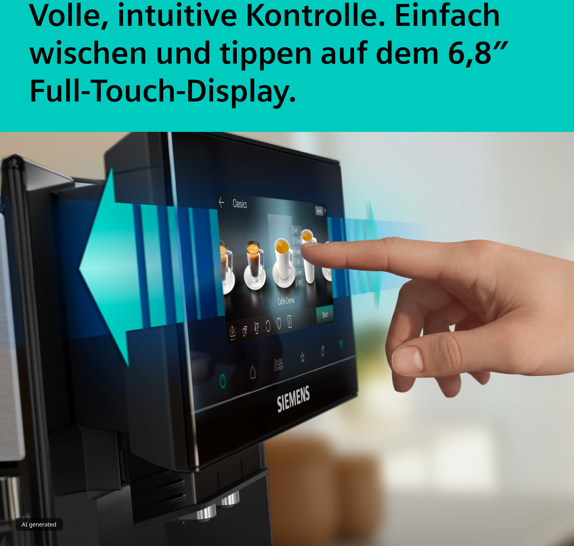 Hand bedient das Touch-Display einer Siemens Kaffeemaschine mit blauen Pfeilen.