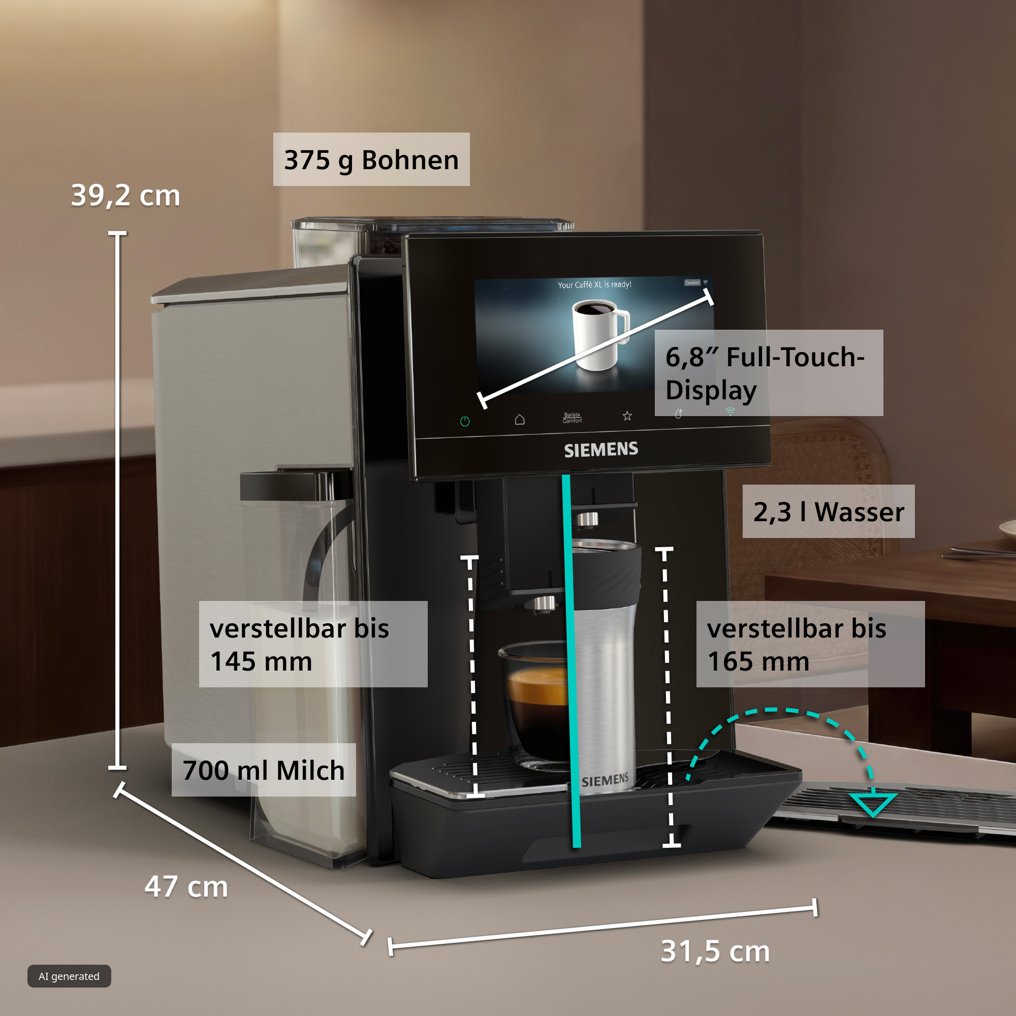 Siemens-Kaffeevollautomat mit Maßen, Display und Maßangaben für Bohnen, Wasser und Milch.
