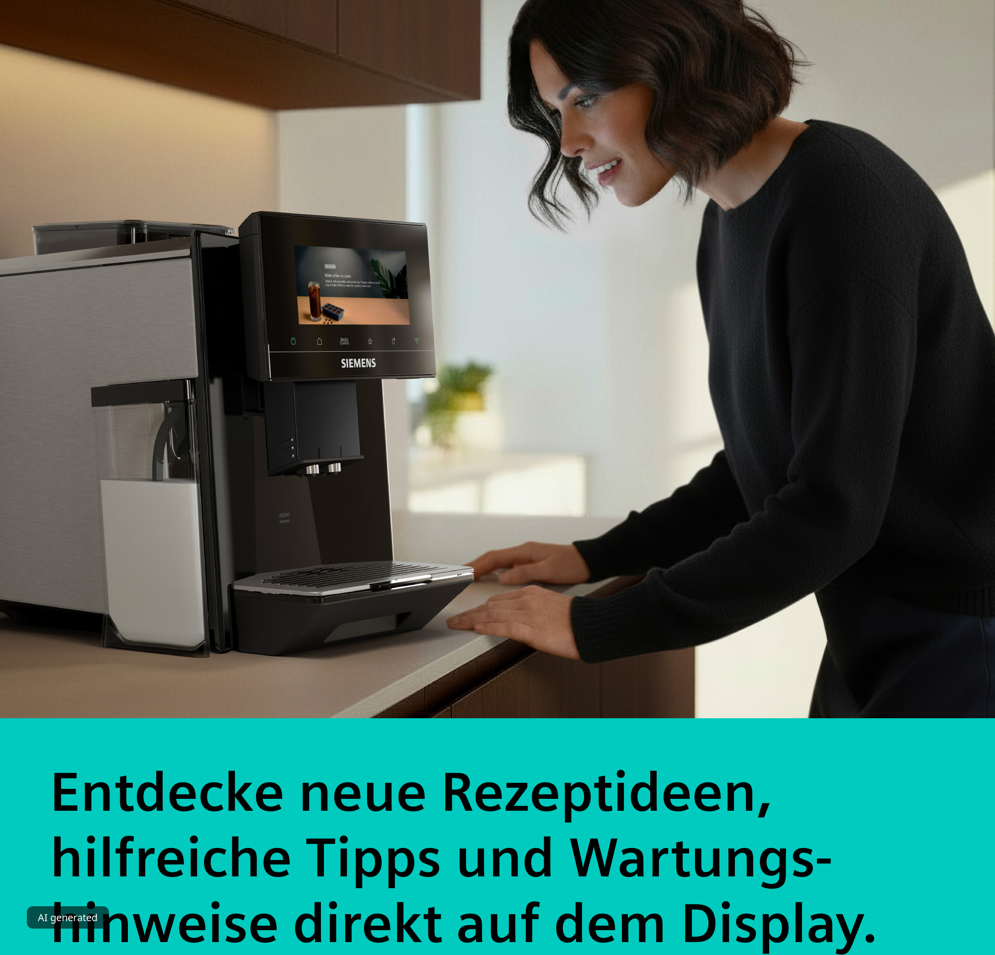 Eine Frau in einem schwarzen Pullover schaut neugierig auf das Display eines modernen Siemens-Kaffeevollautomaten.
