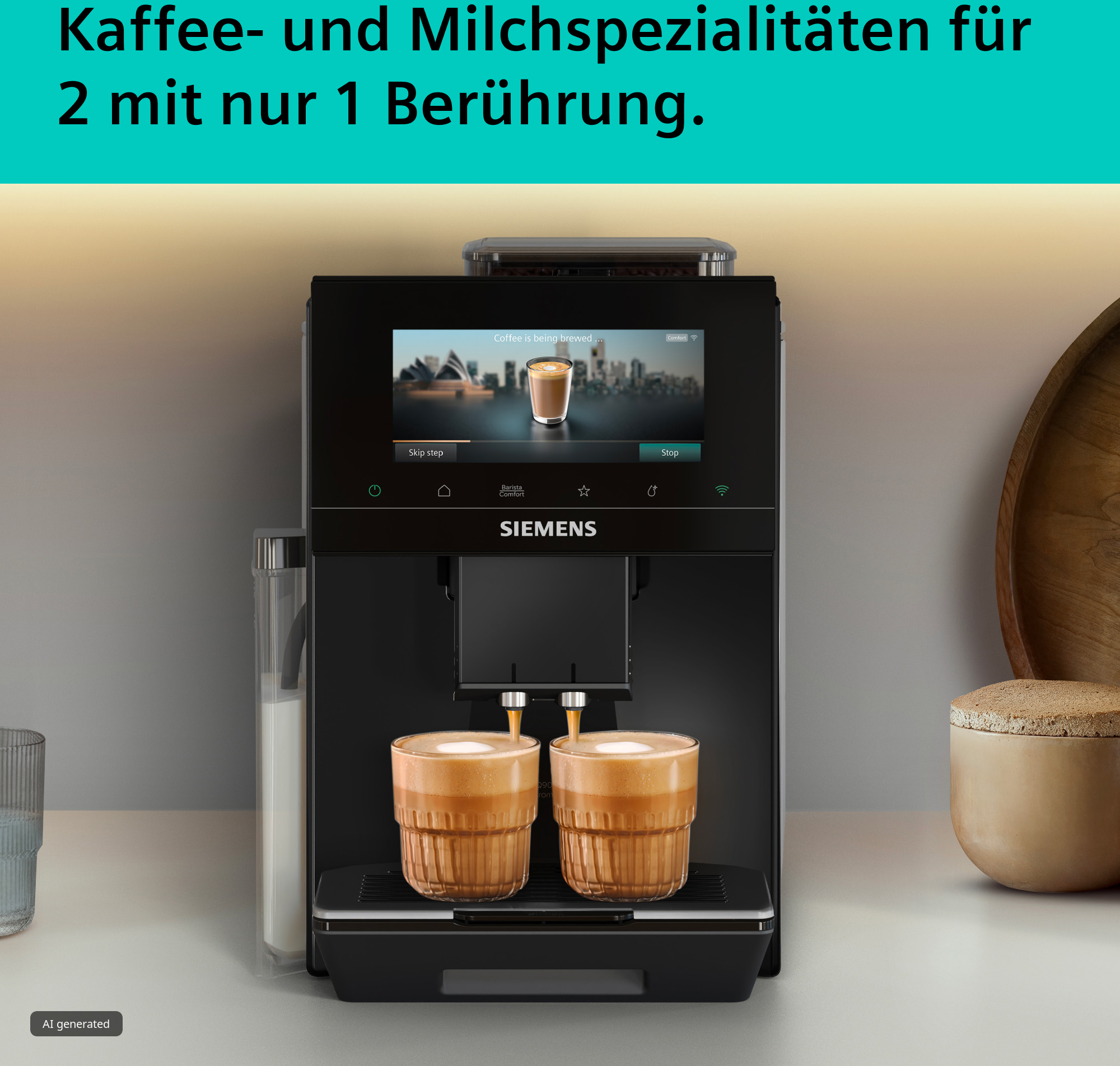 Eine schwarze Siemens Kaffeemaschine brüht zwei Kaffeespezialitäten gleichzeitig in Gläser ein.