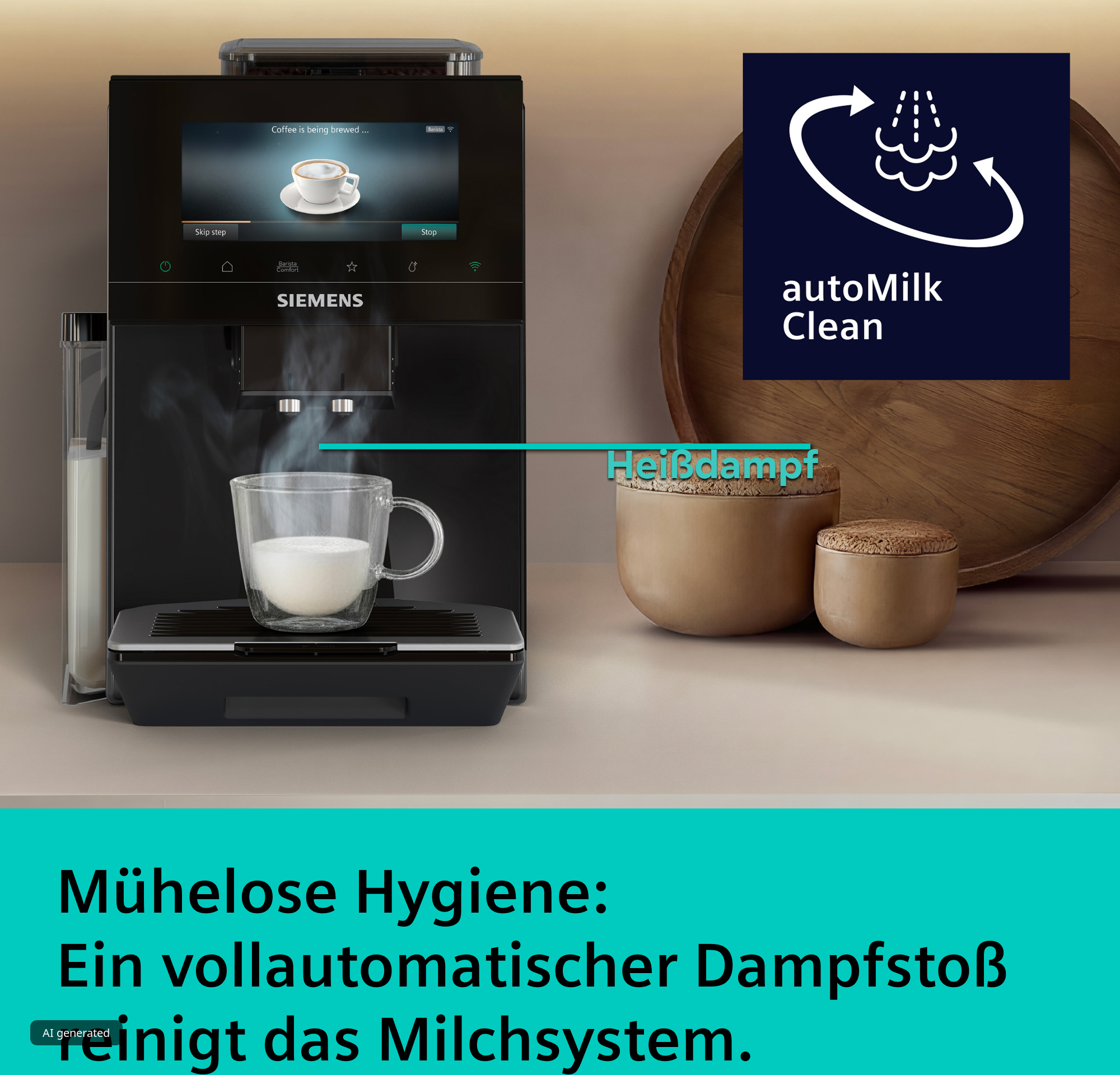 Siemens-Kaffeevollautomat mit Milchsystemreinigung und Text Heißdampf.