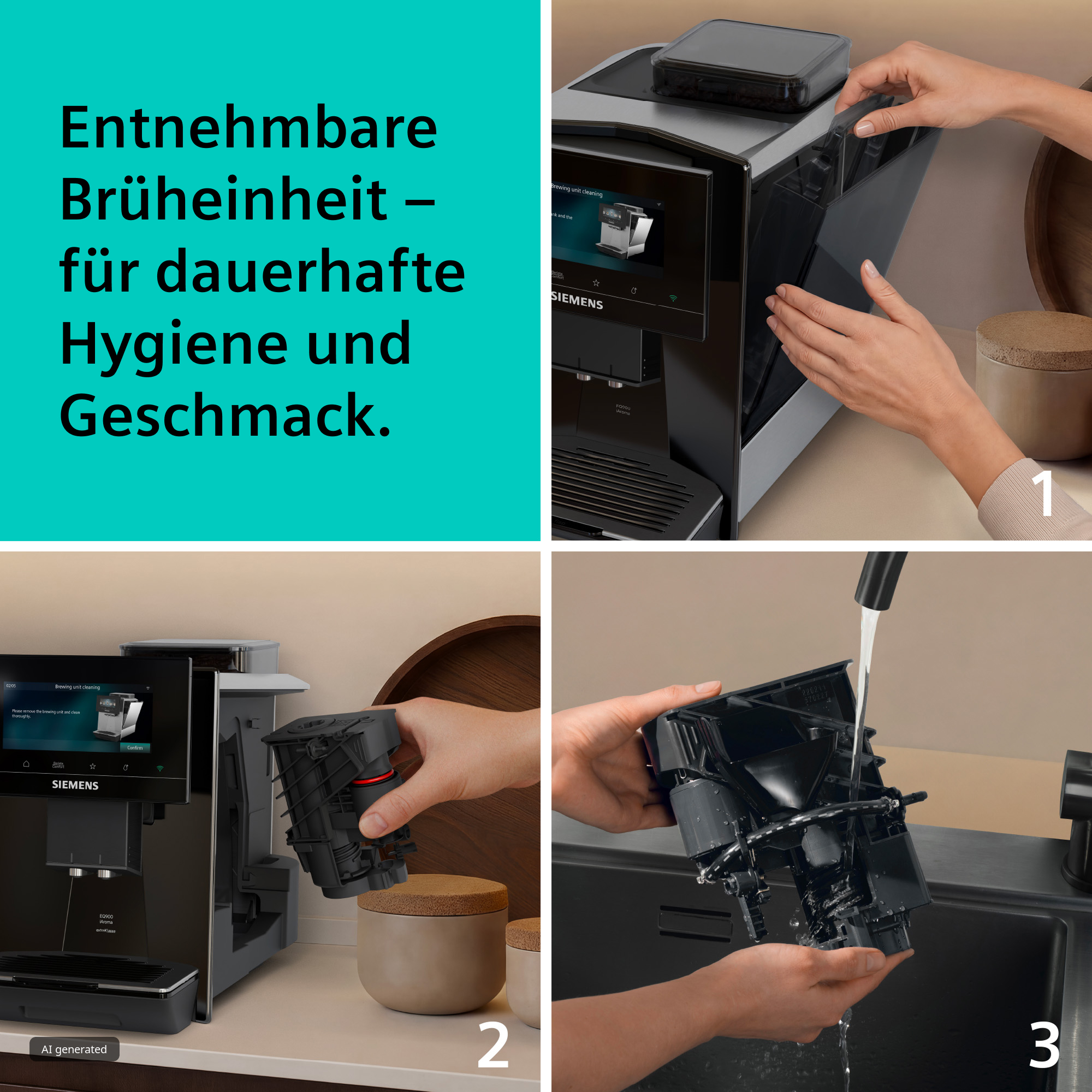 Hand nimmt die Brüheinheit aus der Siemens-Kaffeemaschine und wäscht sie unter fließendem Wasser.