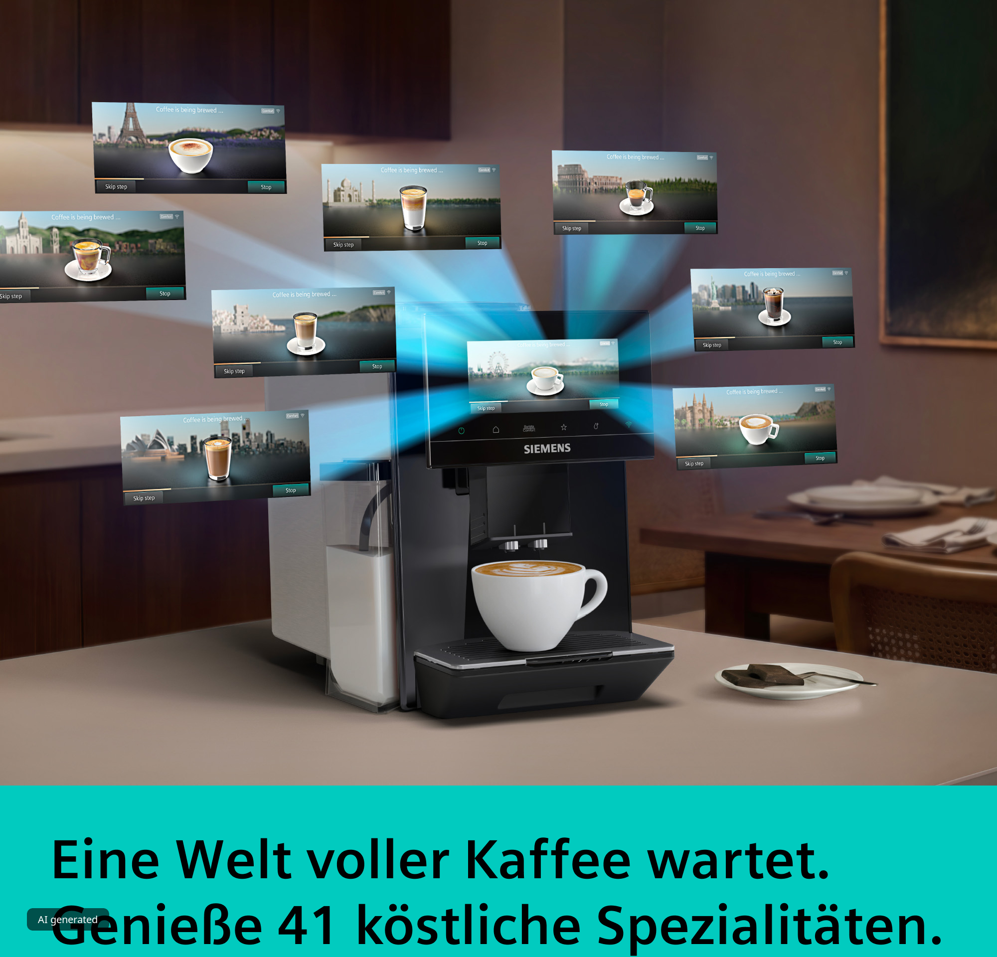 Eine Siemens-Kaffeemaschine auf einem Tisch mit schwebenden Displays, die verschiedene Kaffeespezialitäten zeigen.