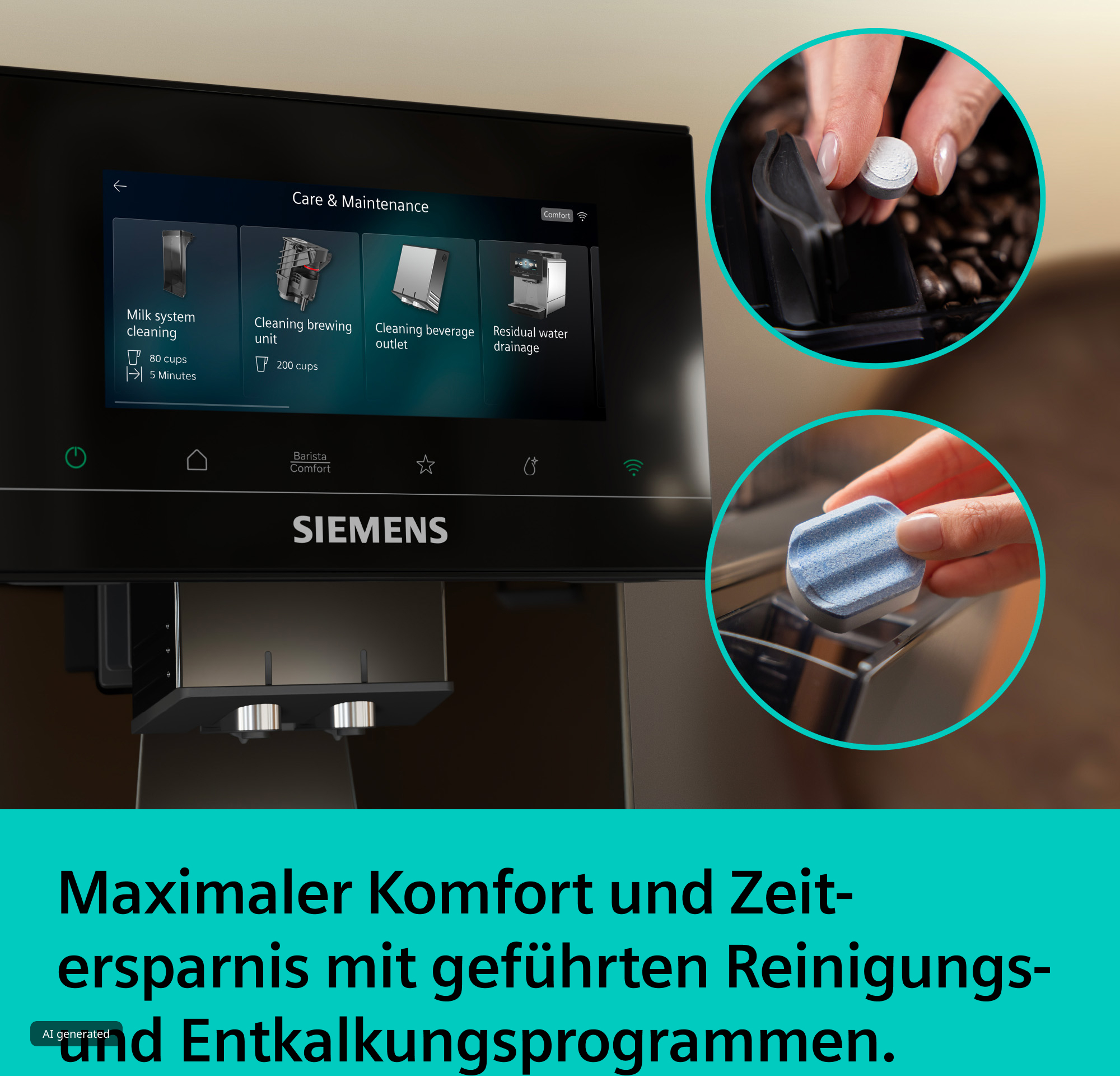 Siemens-Kaffeemaschine mit Display für Reinigungsoptionen und zwei Detailkreisen, die Reinigungstabs zeigen.