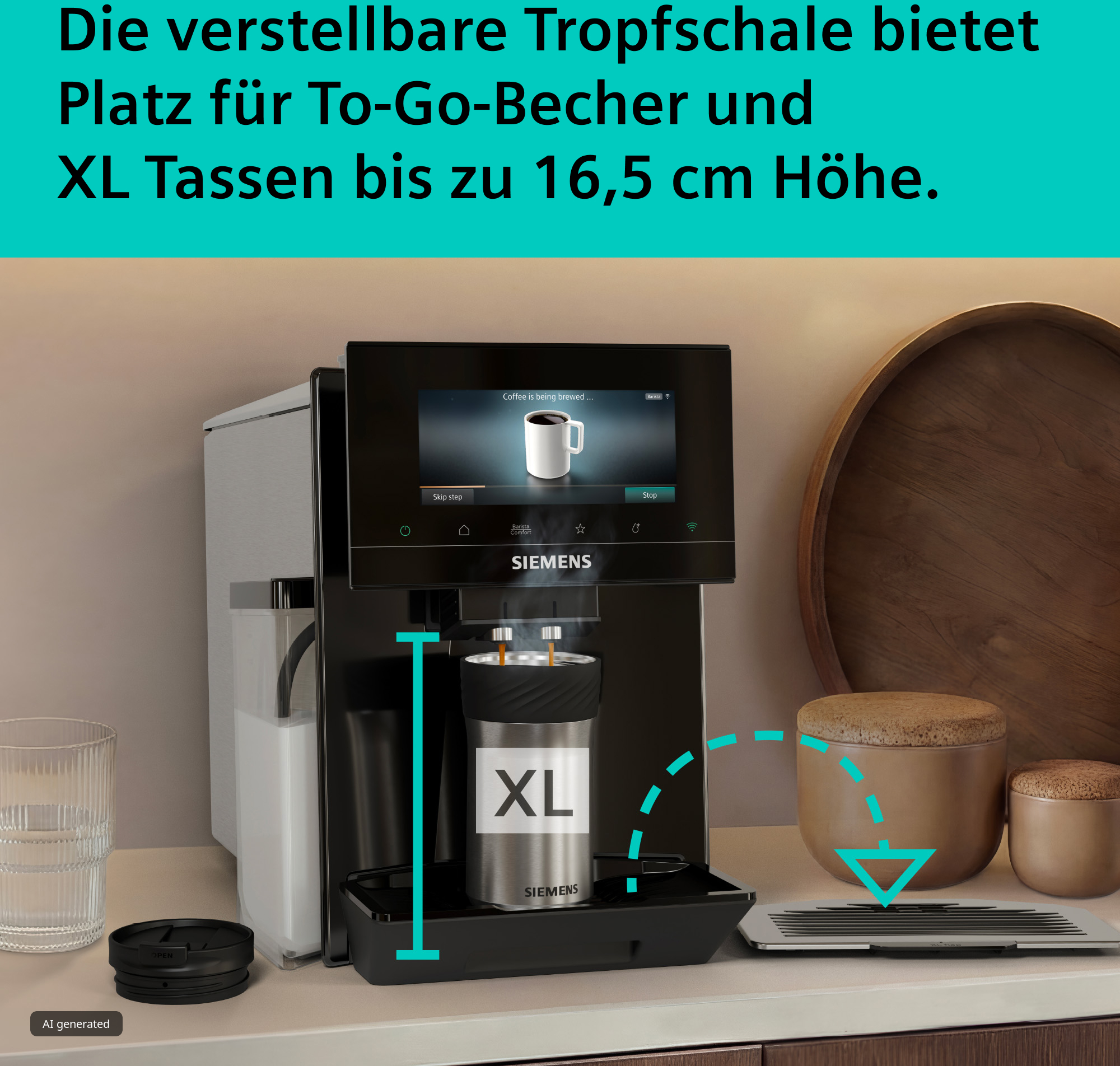 Siemens-Kaffeevollautomat füllt Kaffee in einen XL-Becher, mit Tropfschale und Dosen im Hintergrund.
