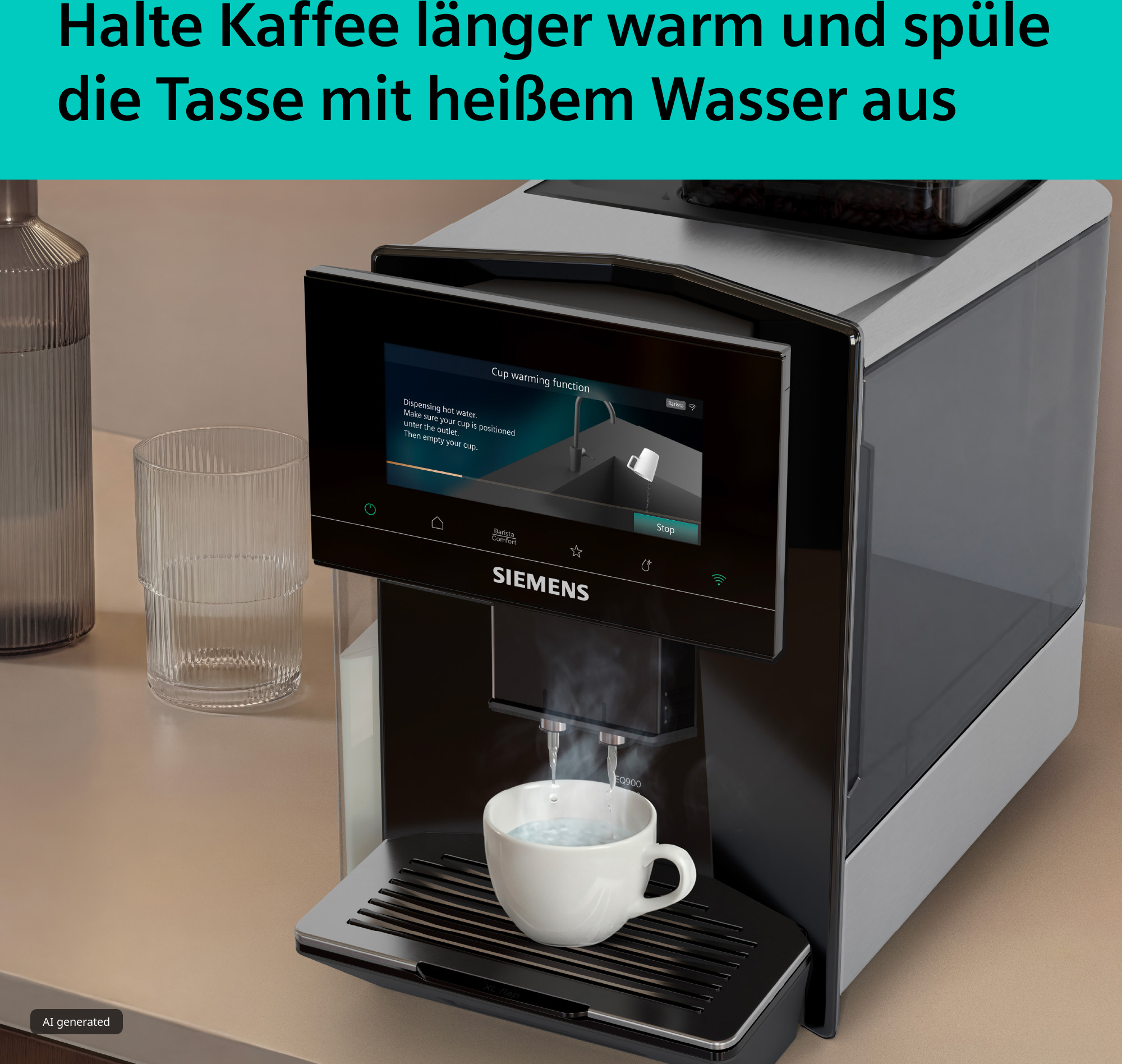 Siemens-Kaffeevollautomat gibt heißes Wasser in eine weiße Tasse, mit deutschem Text darüber.