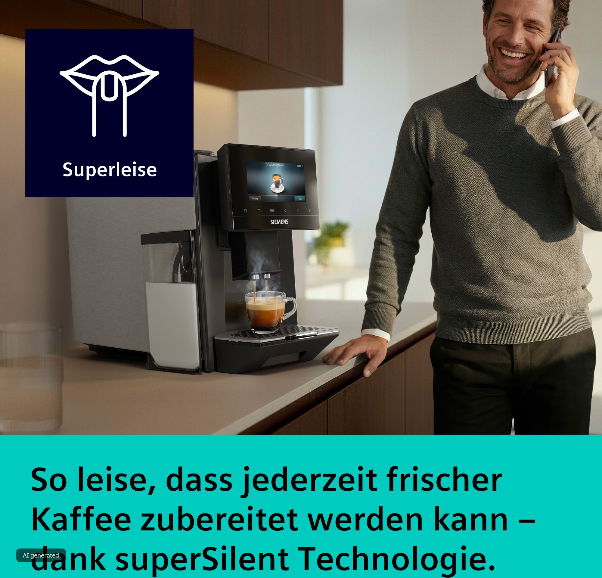 Ein lächelnder Mann telefoniert neben einer Siemens-Espressomaschine, die in einer modernen Küche Kaffee zubereitet.