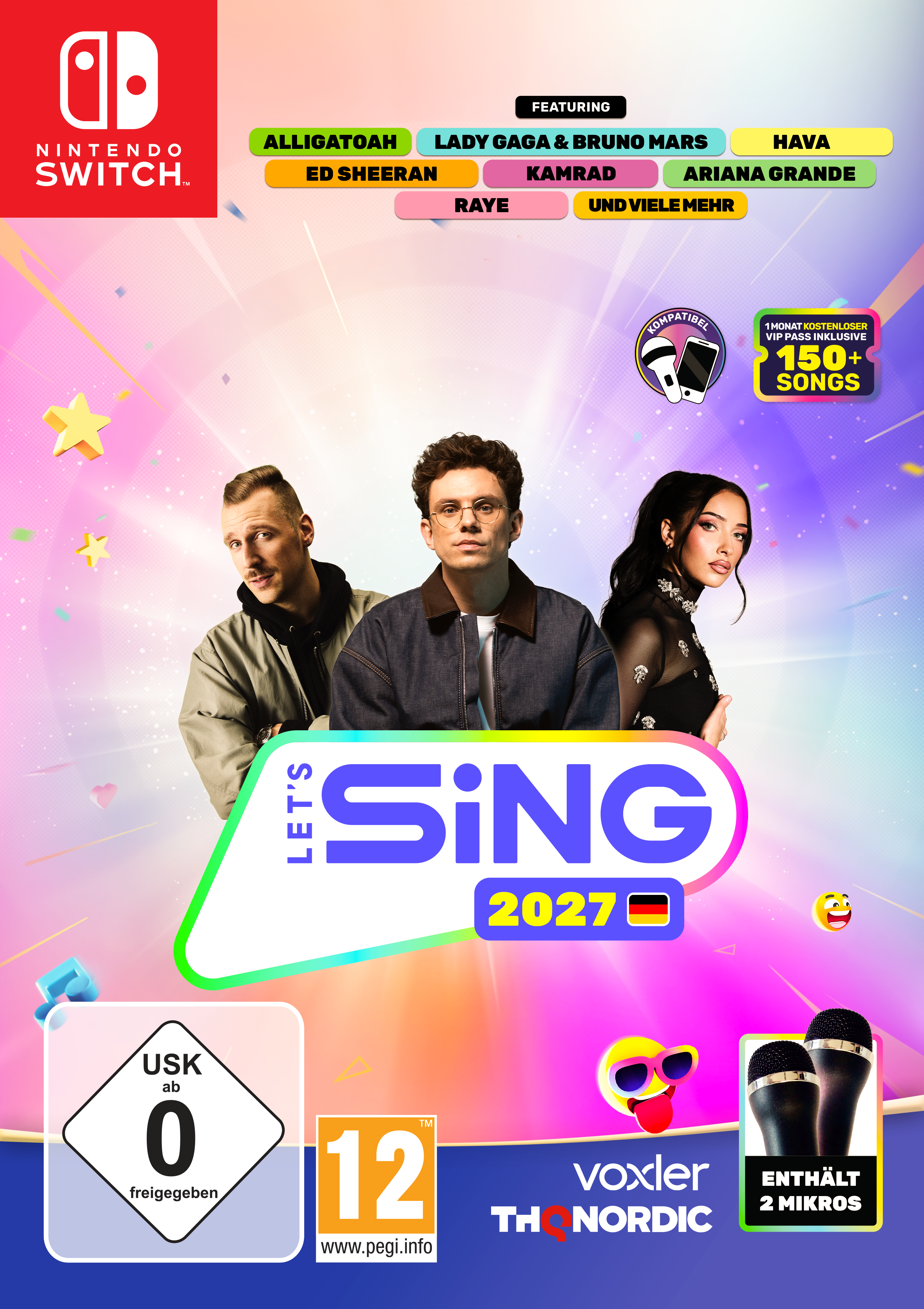 Das Cover des Nintendo Switch Spiels Let's Sing 2027 mit drei Personen, bunten Logos und USK-0- sowie PEGI-12-Symbolen.