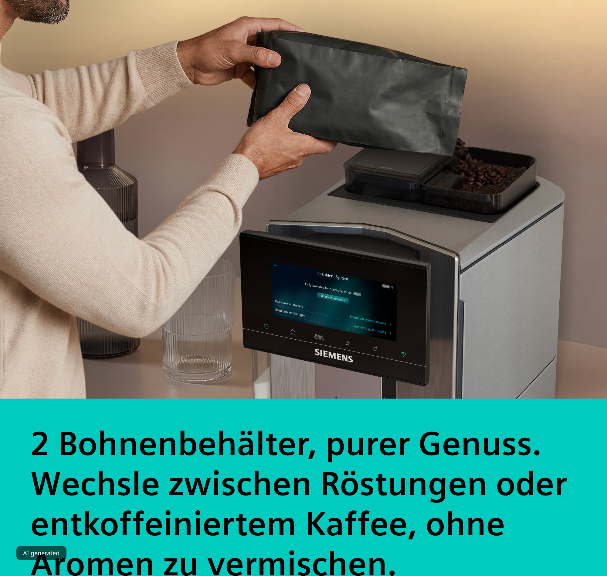 Person füllt Kaffeebohnen in den doppelten Bohnenbehälter eines Siemens Kaffeevollautomaten.