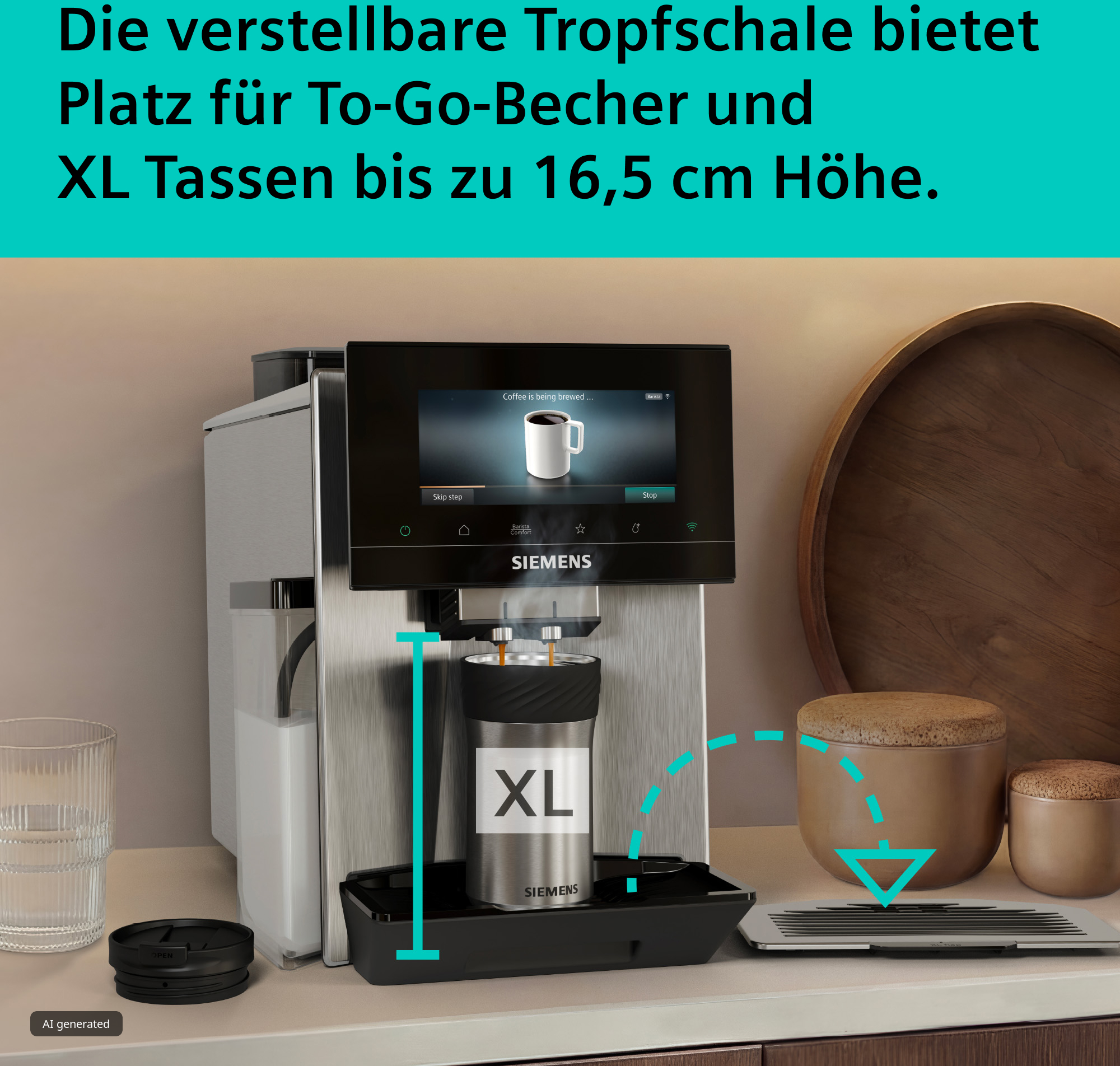 Siemens-Kaffeevollautomat mit To-Go-Becher in verstellbarer Tropfschale auf der Küchenzeile.