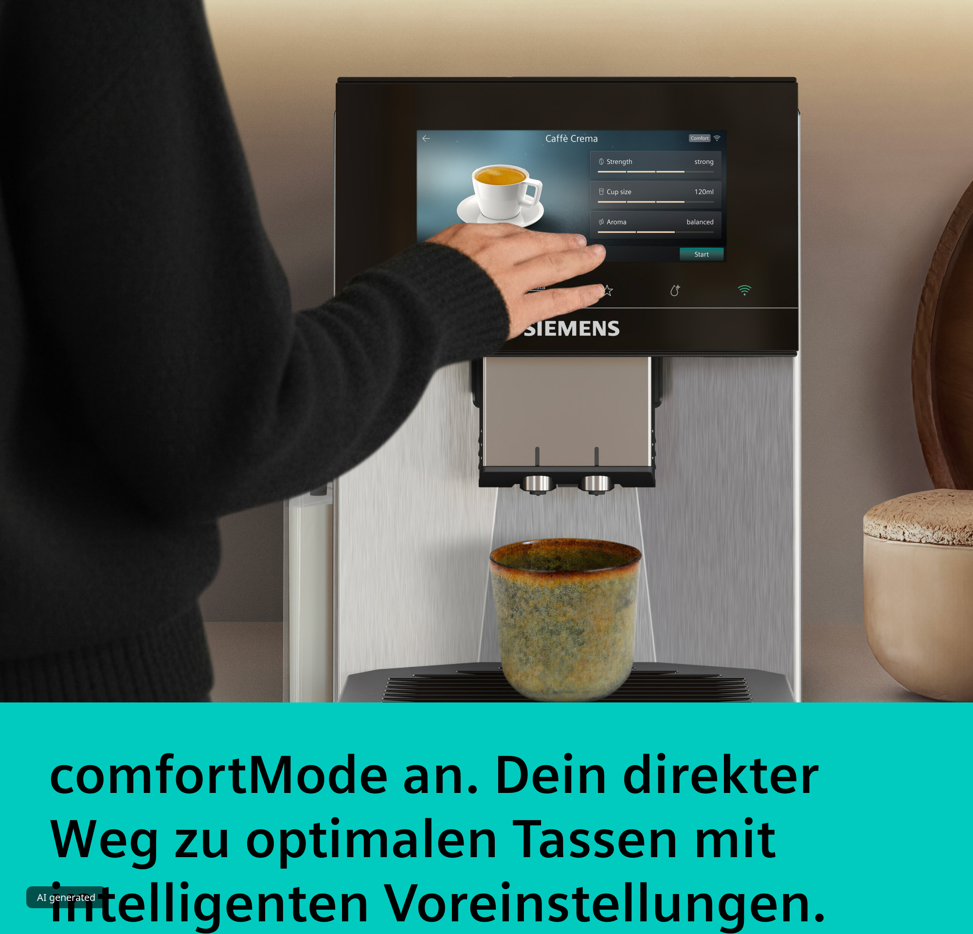 Eine Person berührt den Touchscreen einer modernen Siemens-Kaffeevollautomaten. Darunter steht eine Tasse.