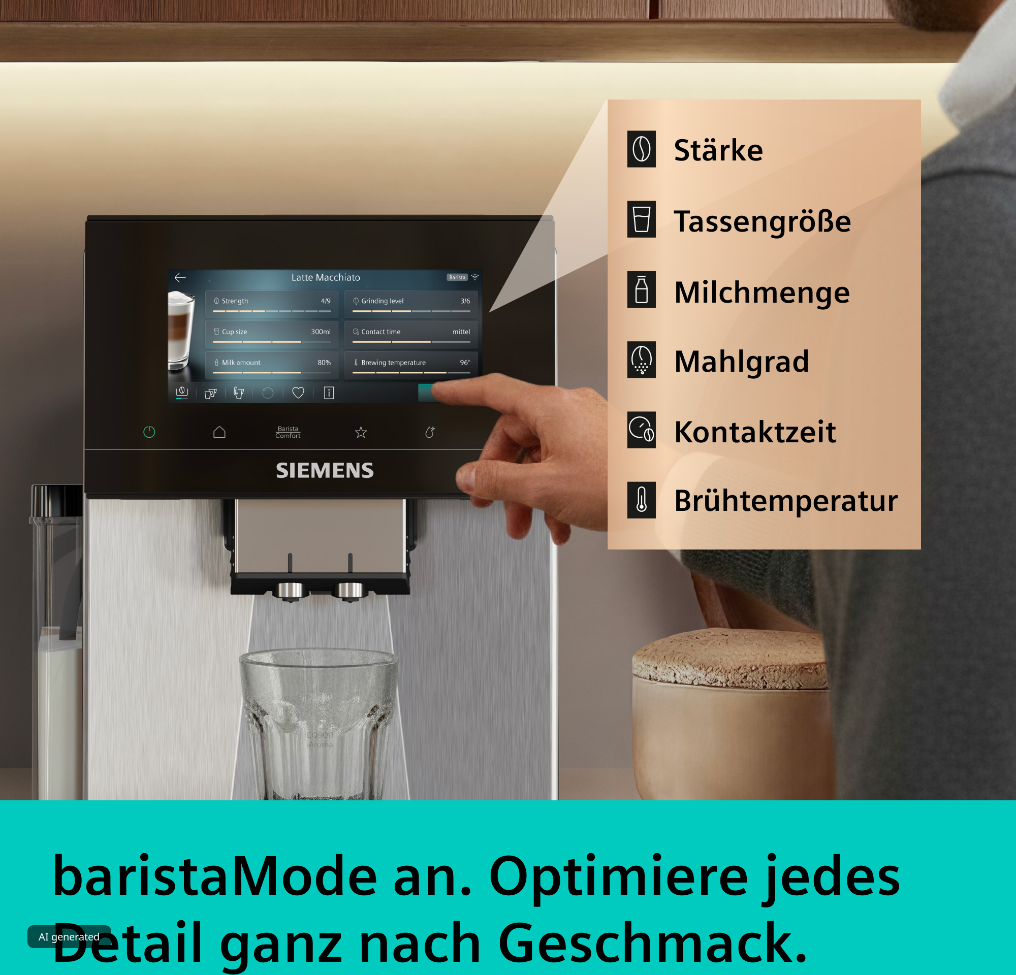 Hand bedient Siemens Kaffeevollautomat mit Touchscreen; daneben Overlay mit Optionen wie Stärke und Milchmenge.