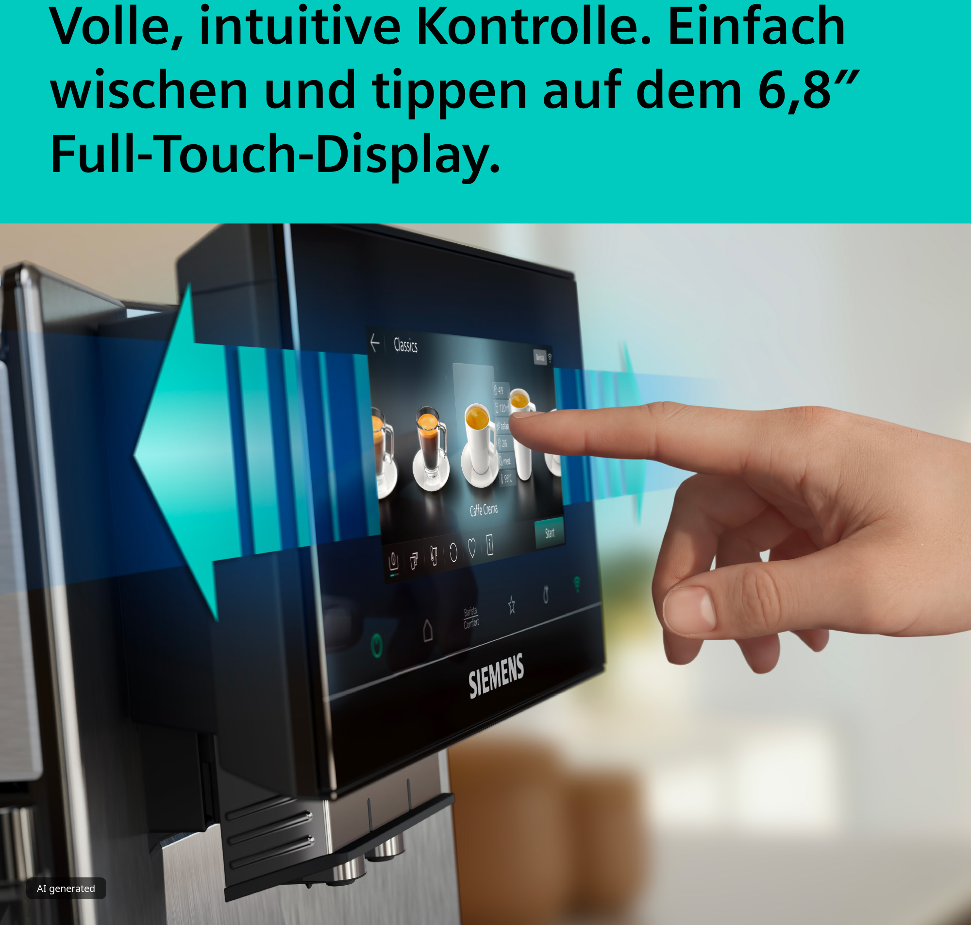 Eine Hand bedient den Touchscreen einer Siemens-Kaffeemaschine mit blauen Pfeilen und Text oben.