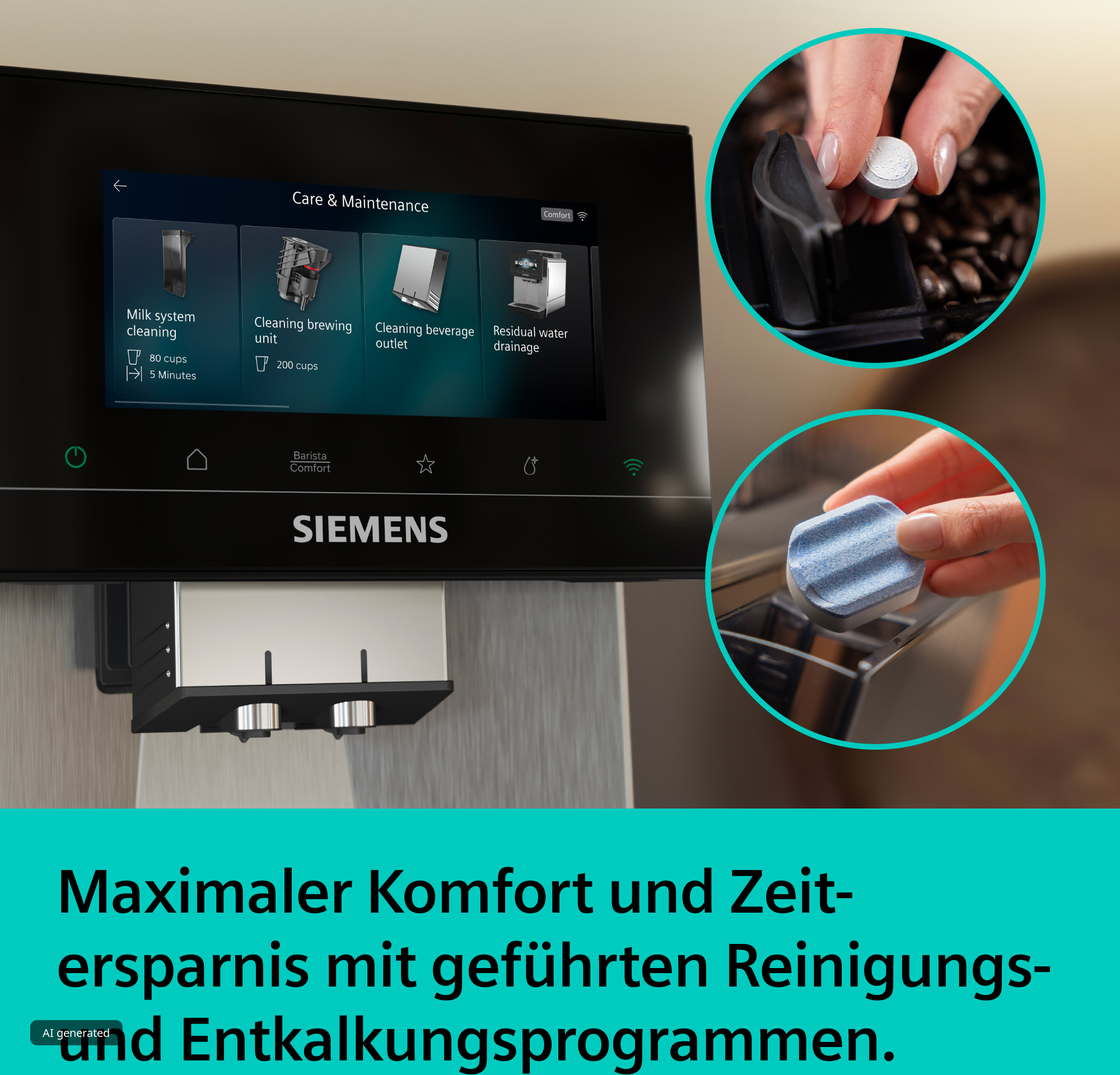 Siemens-Kaffeemaschine mit Display und Händen, die Reinigungstabletten einlegen.