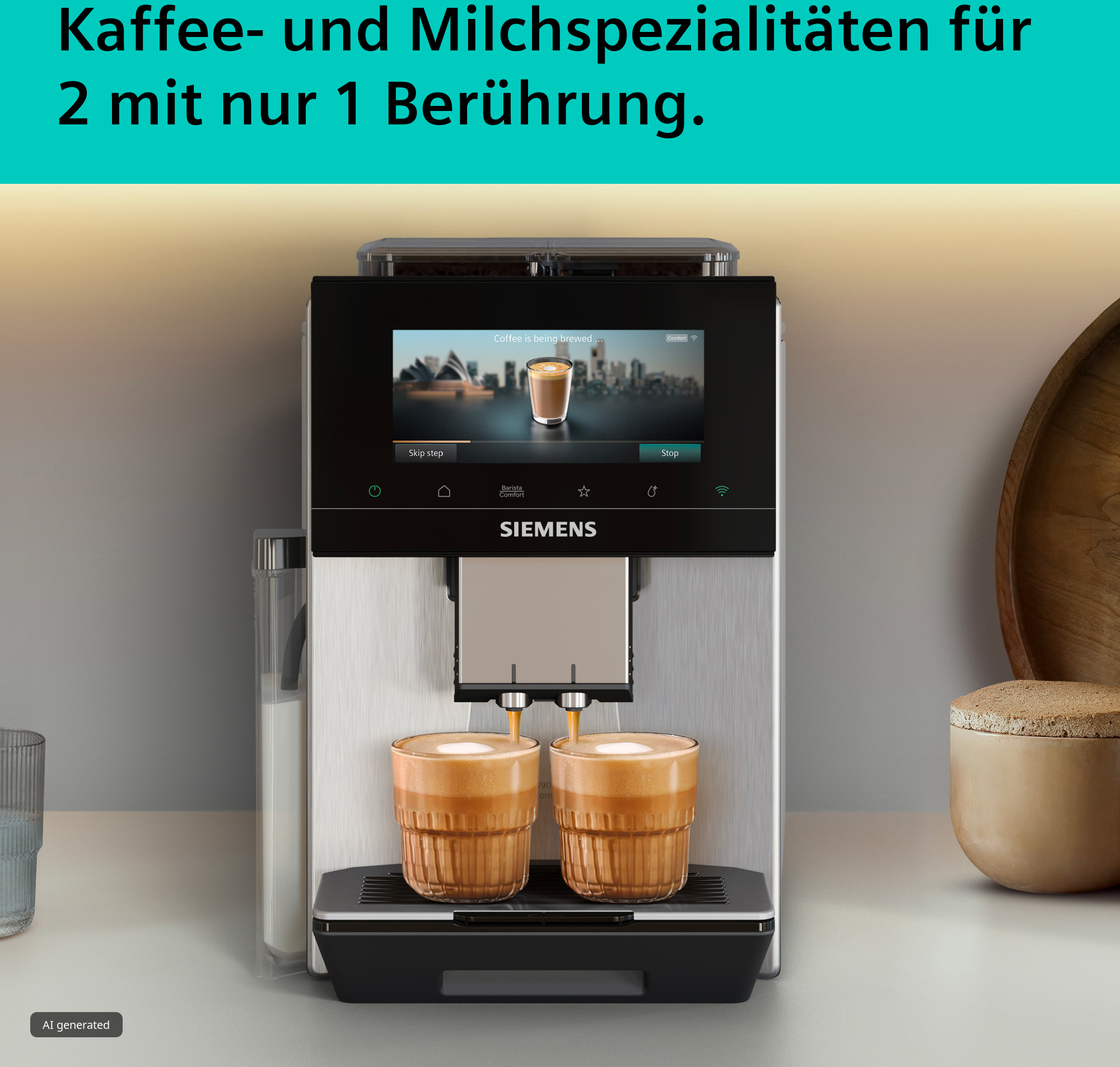 Ein silberner Siemens Kaffeevollautomat brüht zwei Cappuccino in Gläsern. Text oben auf Deutsch.