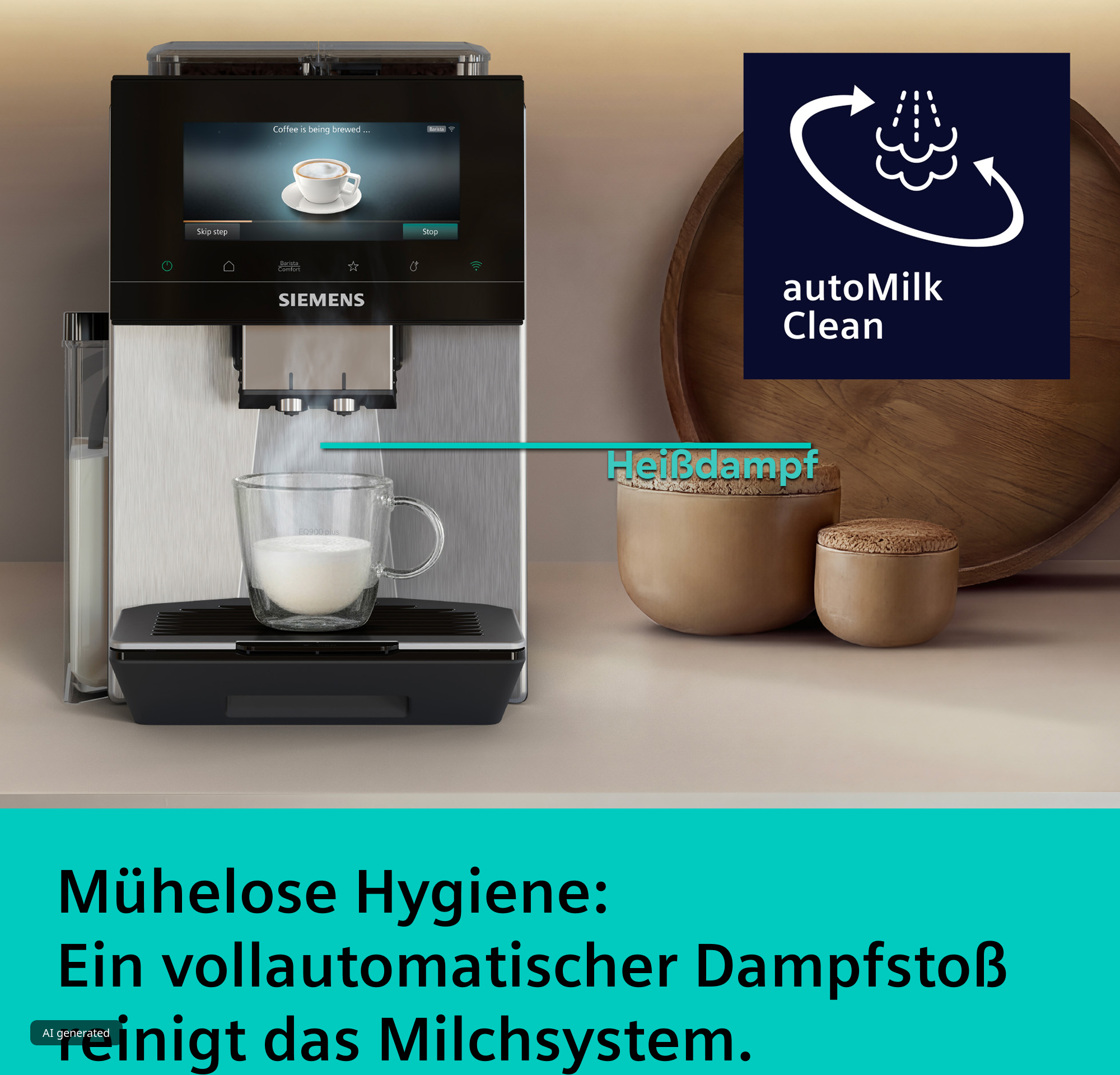 Ein Siemens-Kaffeevollautomat brüht Milchkaffee in ein Glas, mit AutoMilkClean-Symbol und Text.